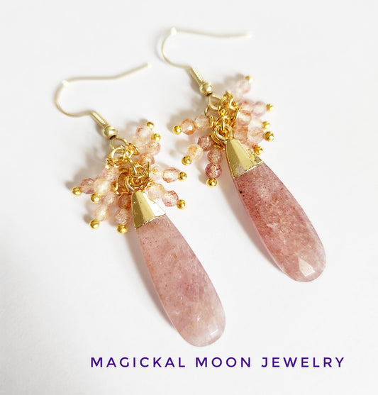 Strawberry Quartz gemstone teardrop dangle earrings