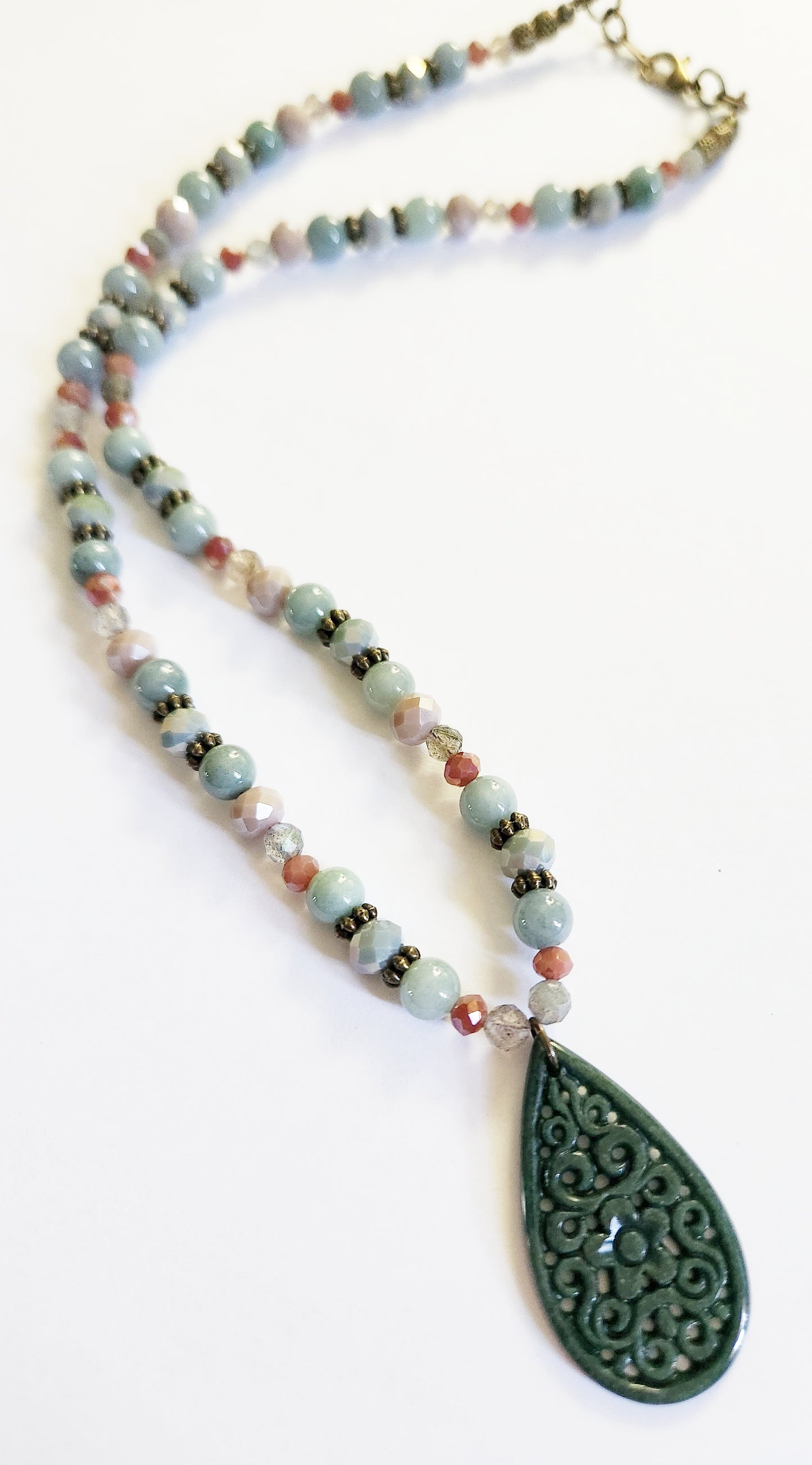 Jadeite teardrop gemstone necklace with Labradorite