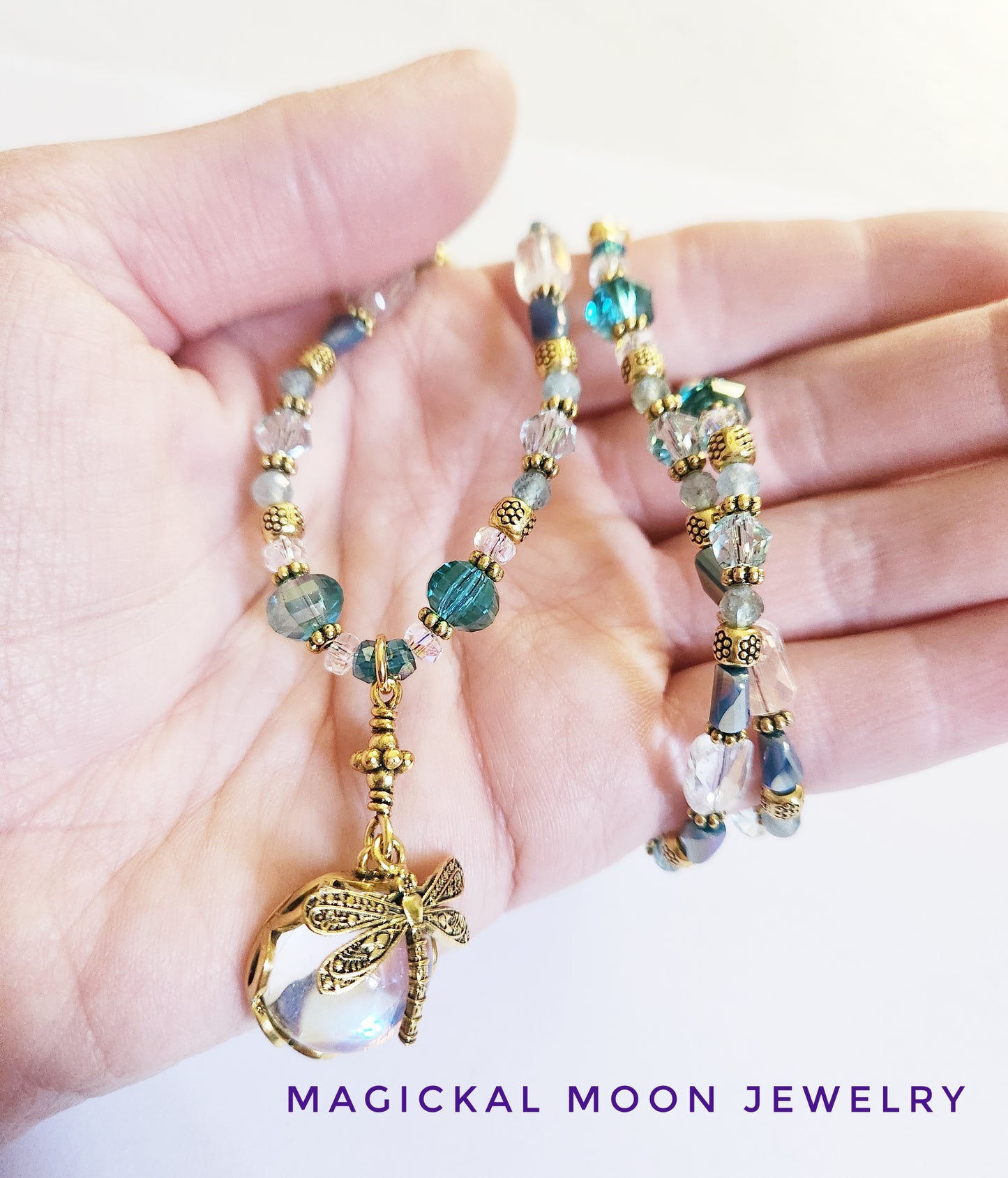 Gold Dragonfly necklace with Kyanite gemstones