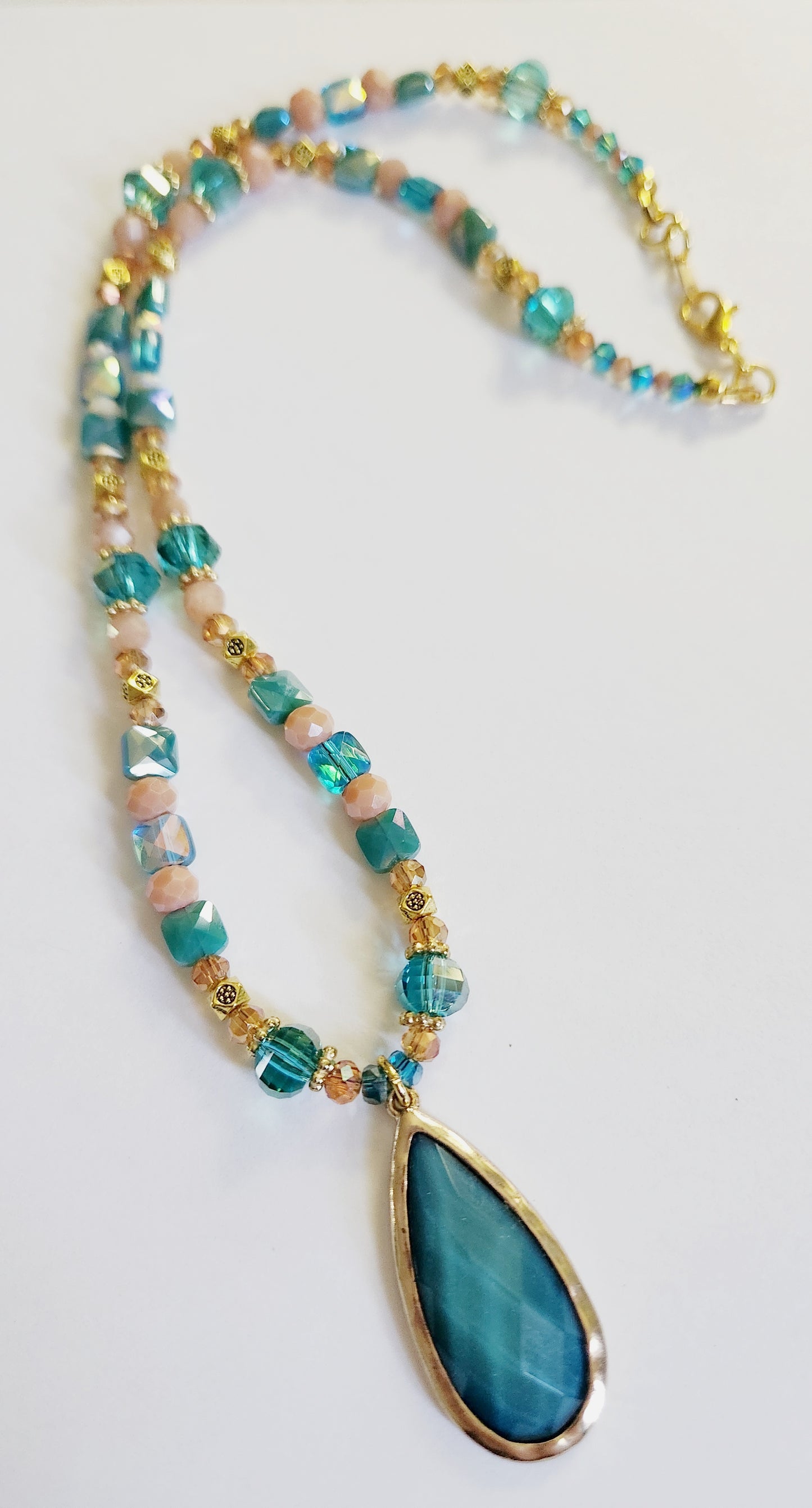 Teal green glass teardrop gold necklace