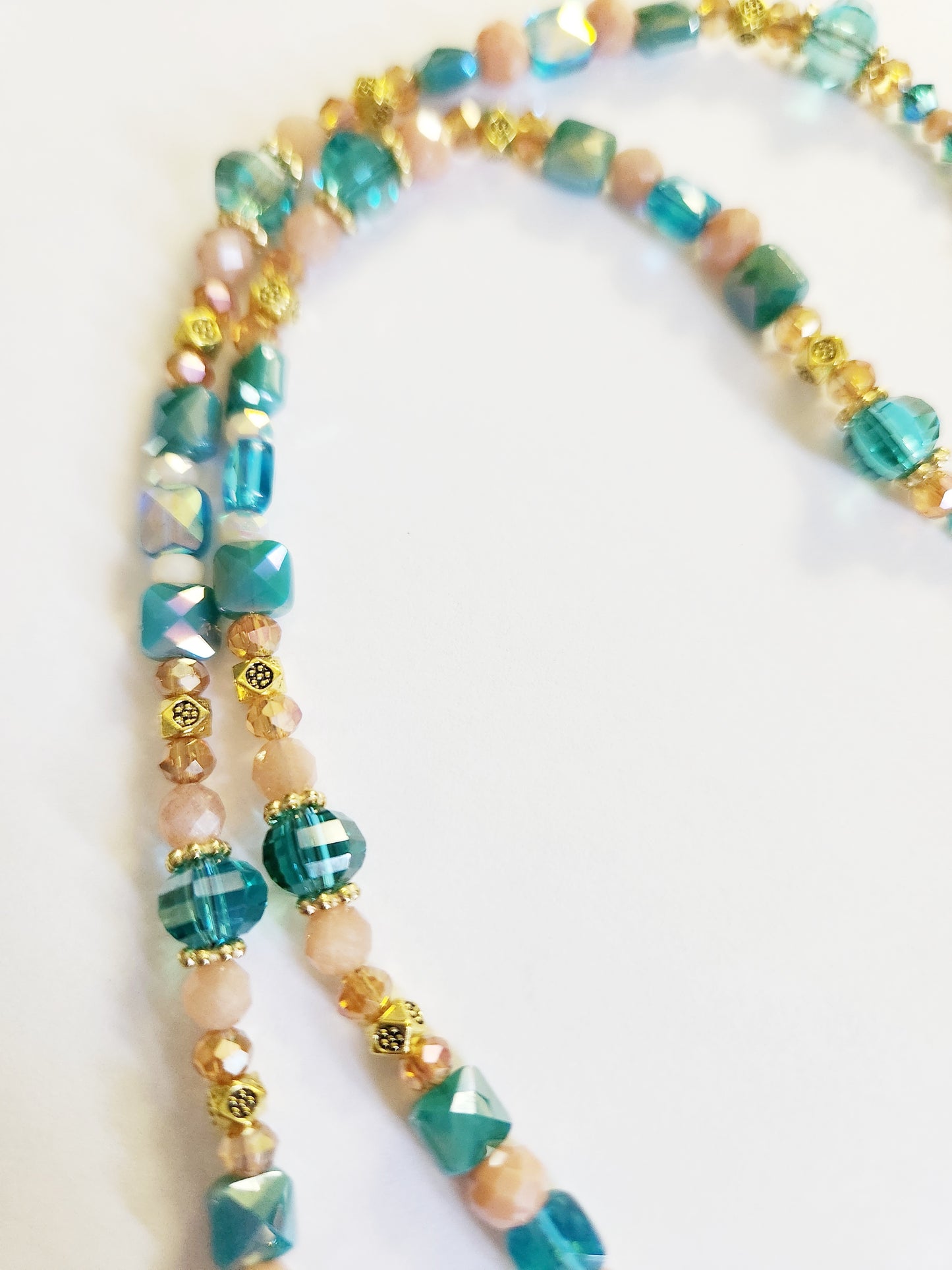 Teal green glass teardrop gold necklace