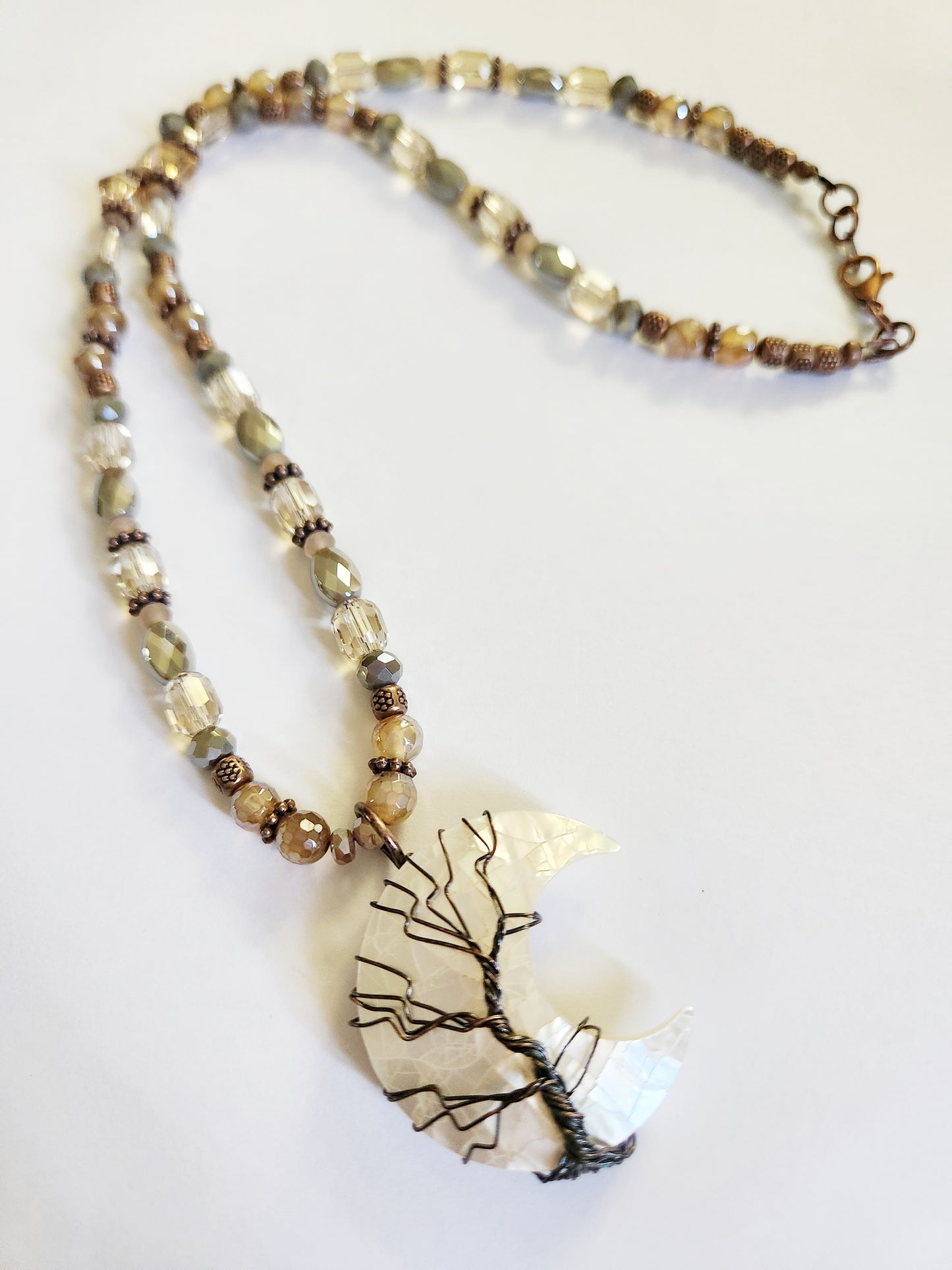 Wire wrapped Mother of Pearl crescent moon copper necklace
