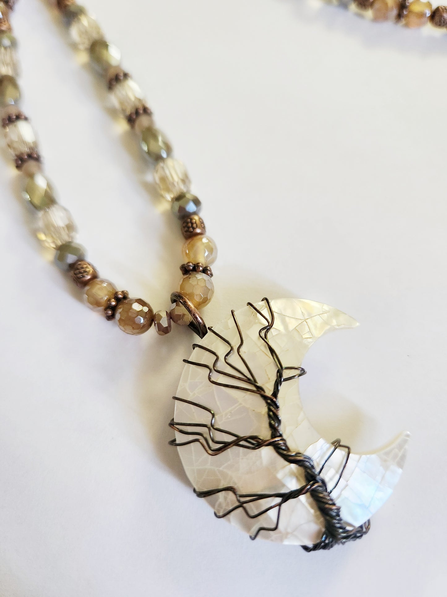 Wire wrapped Mother of Pearl crescent moon copper necklace