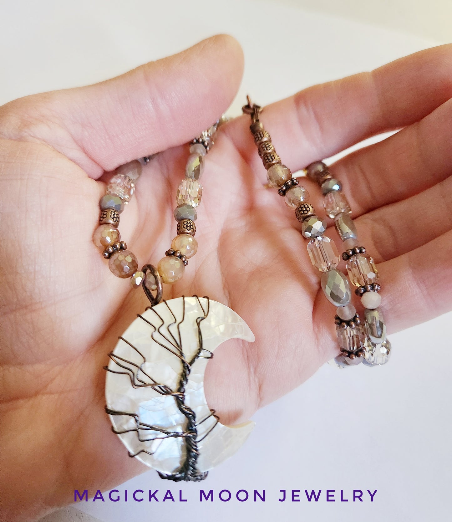 Wire wrapped Mother of Pearl crescent moon copper necklace