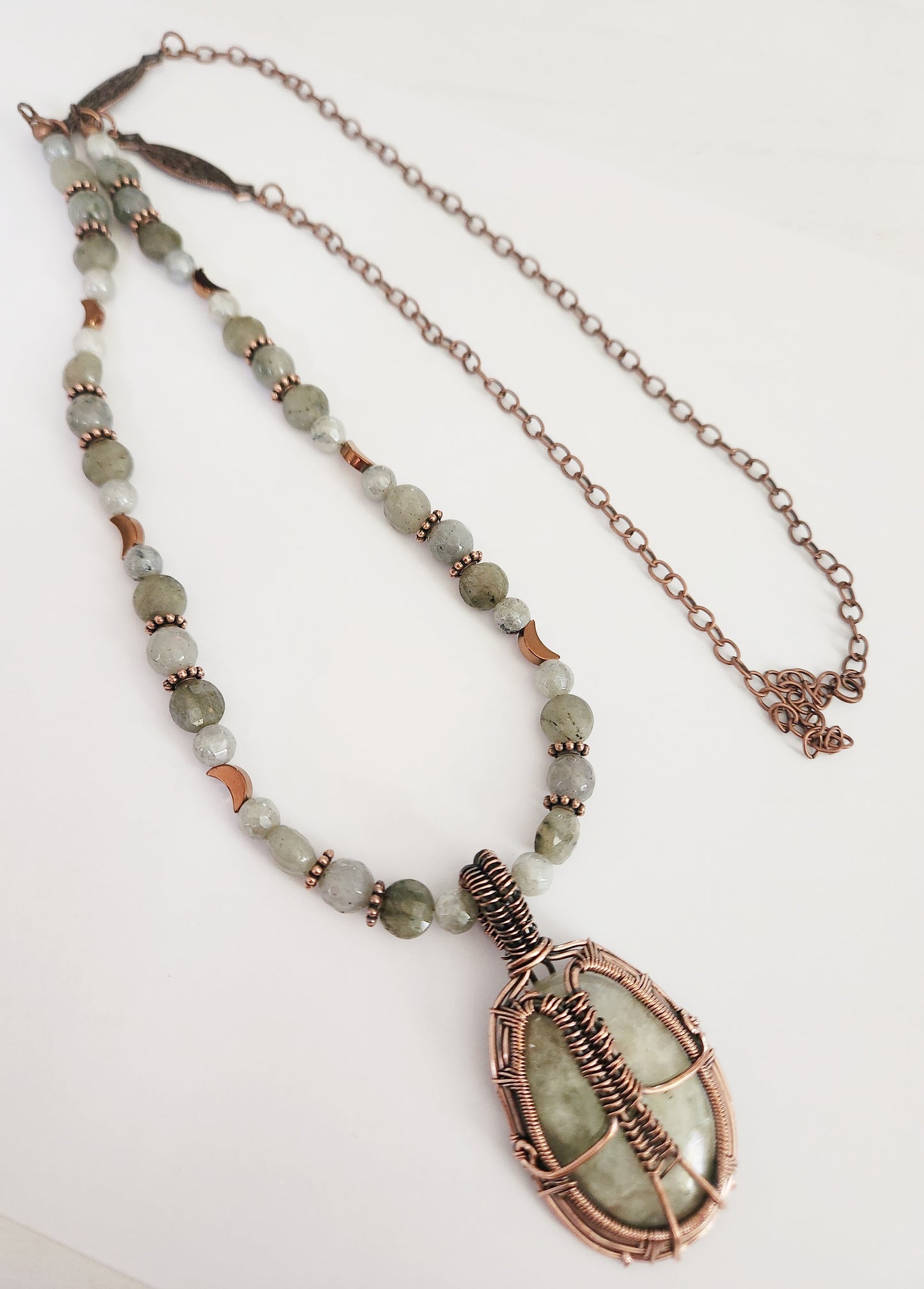 Aqua Seraphanite and Labradorite gemstone copper chain necklace
