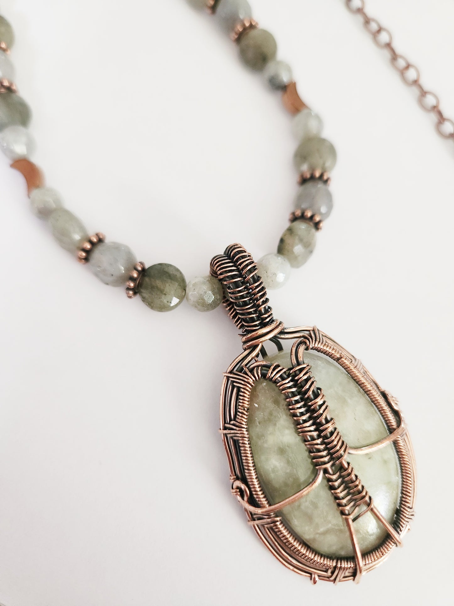 Aqua Seraphanite and Labradorite gemstone copper chain necklace