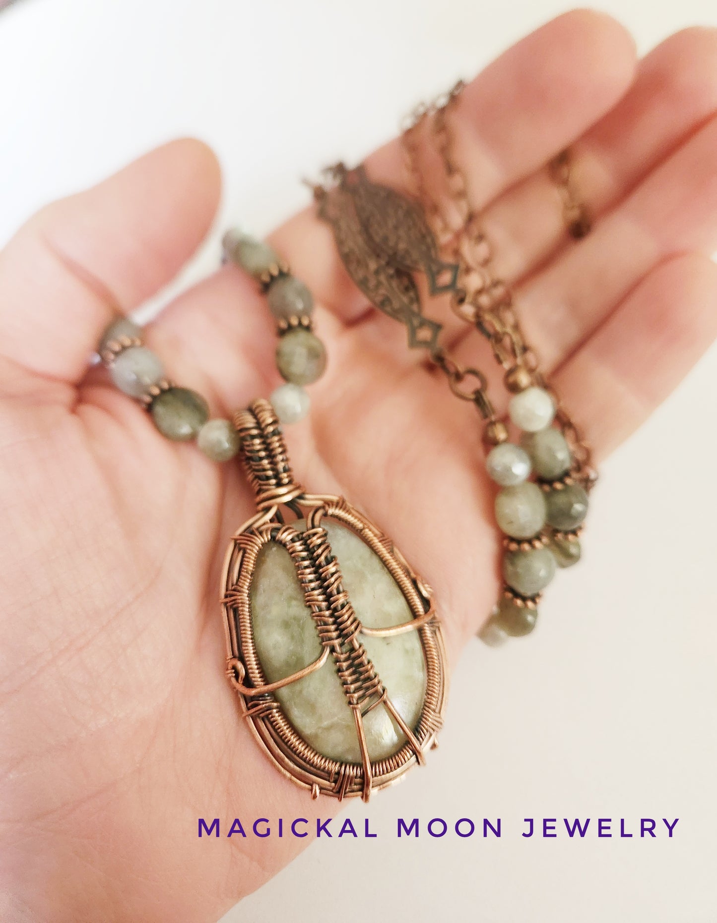 Aqua Seraphanite and Labradorite gemstone copper chain necklace