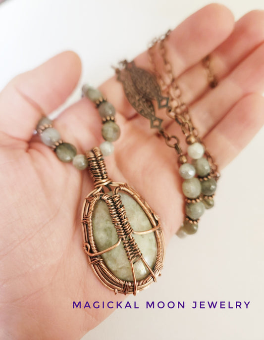 Aqua Seraphanite and Labradorite gemstone copper chain necklace