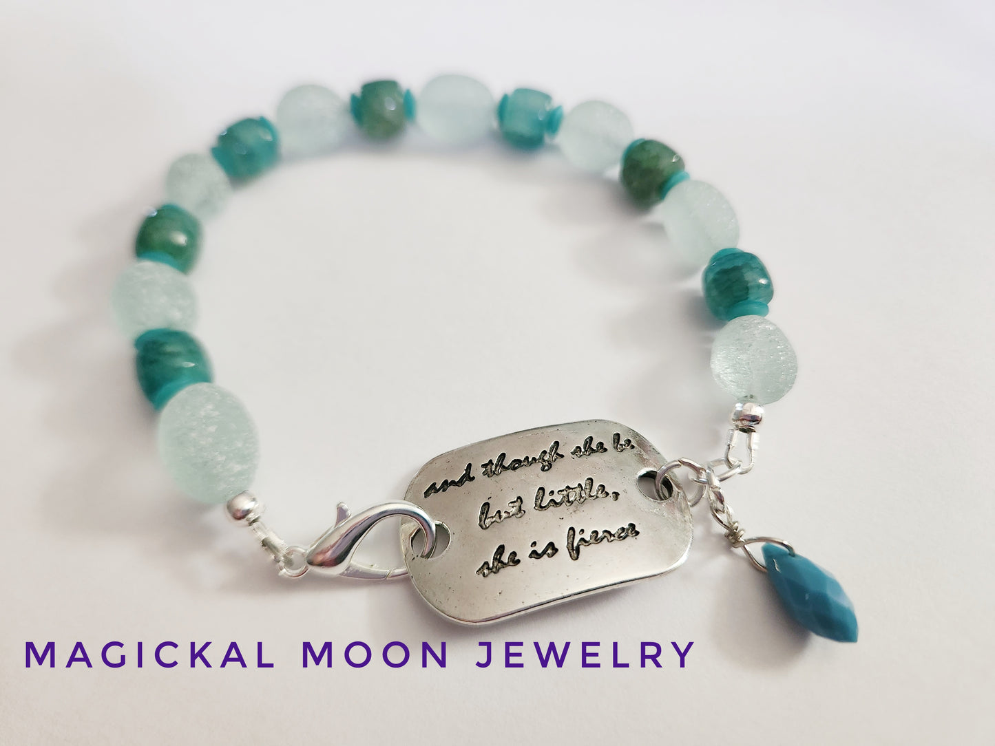 Inspirational quote blue and green beaded bracelet