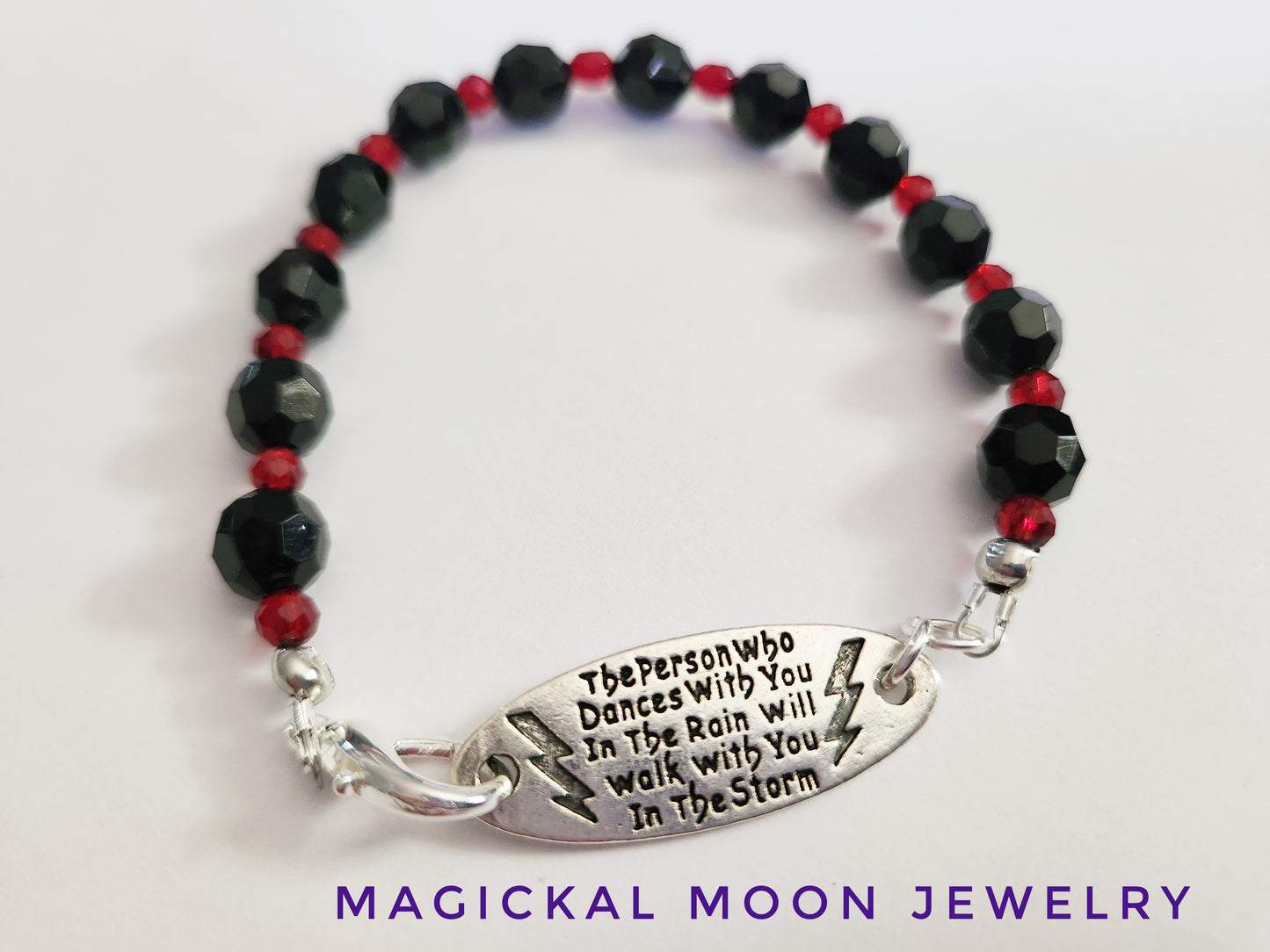 Black and red glass beaded inspirational quote bracelet