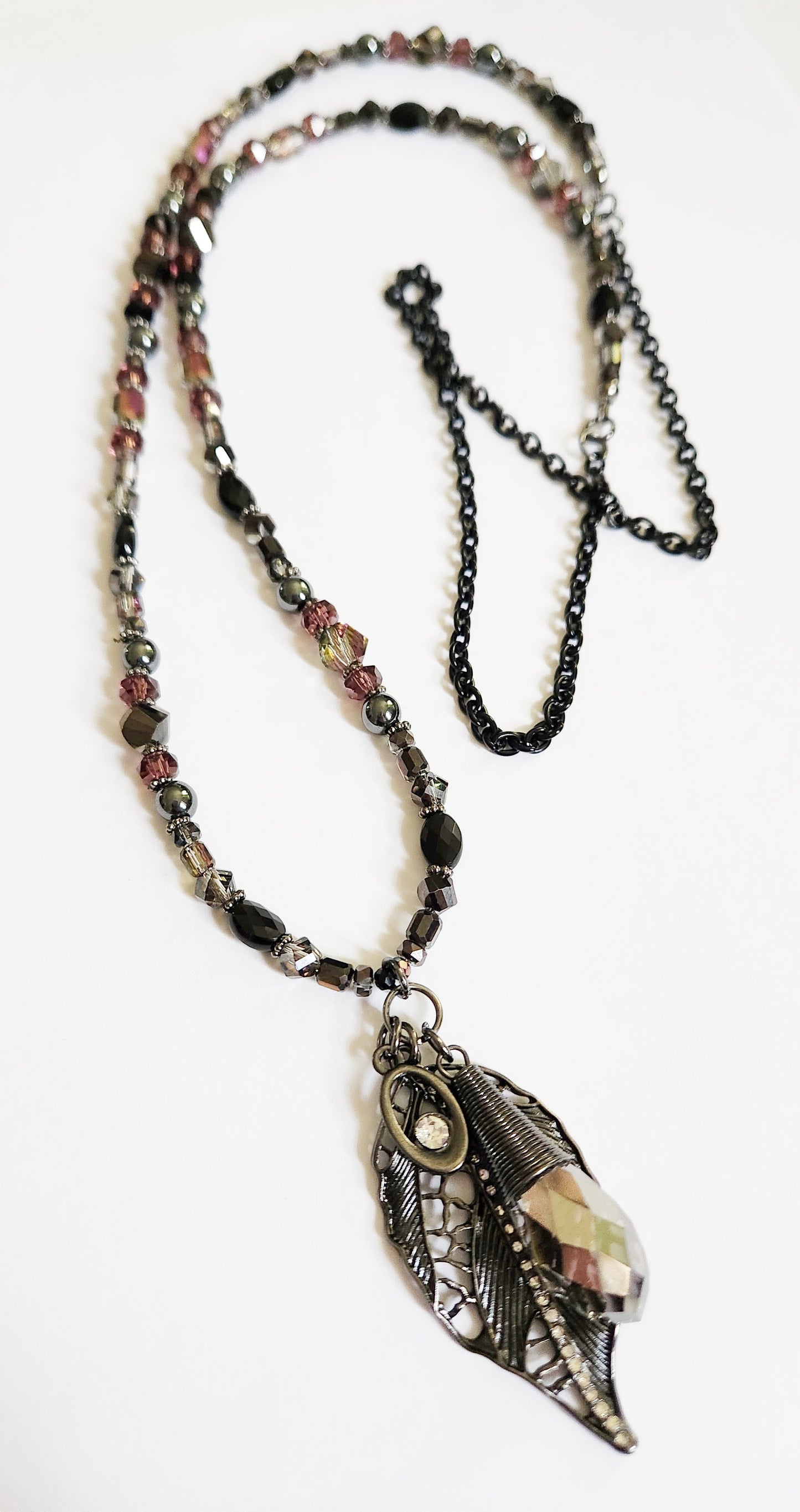 Dark metal leaf charm necklace with Hematite gemstones