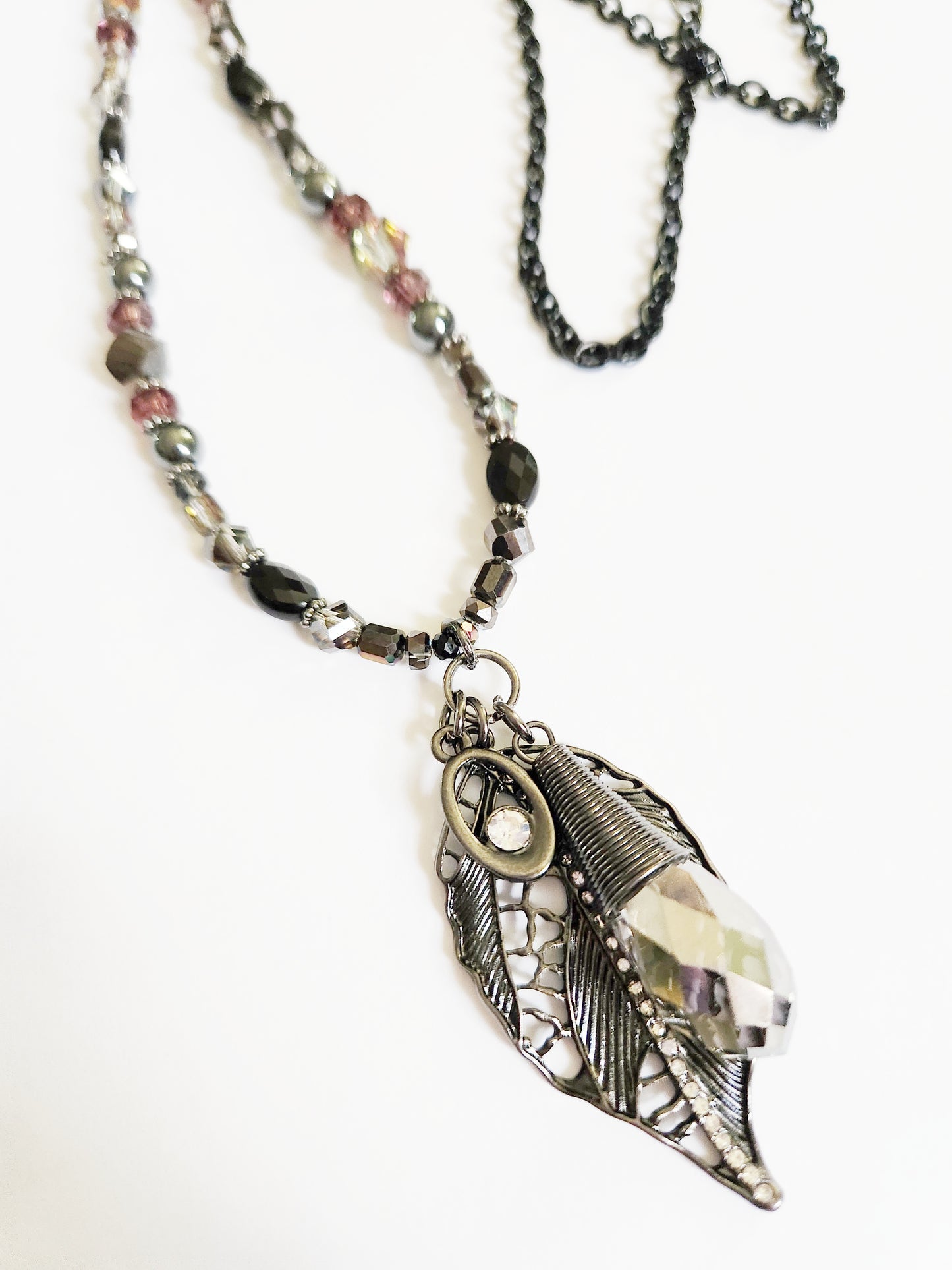 Dark metal leaf charm necklace with Hematite gemstones