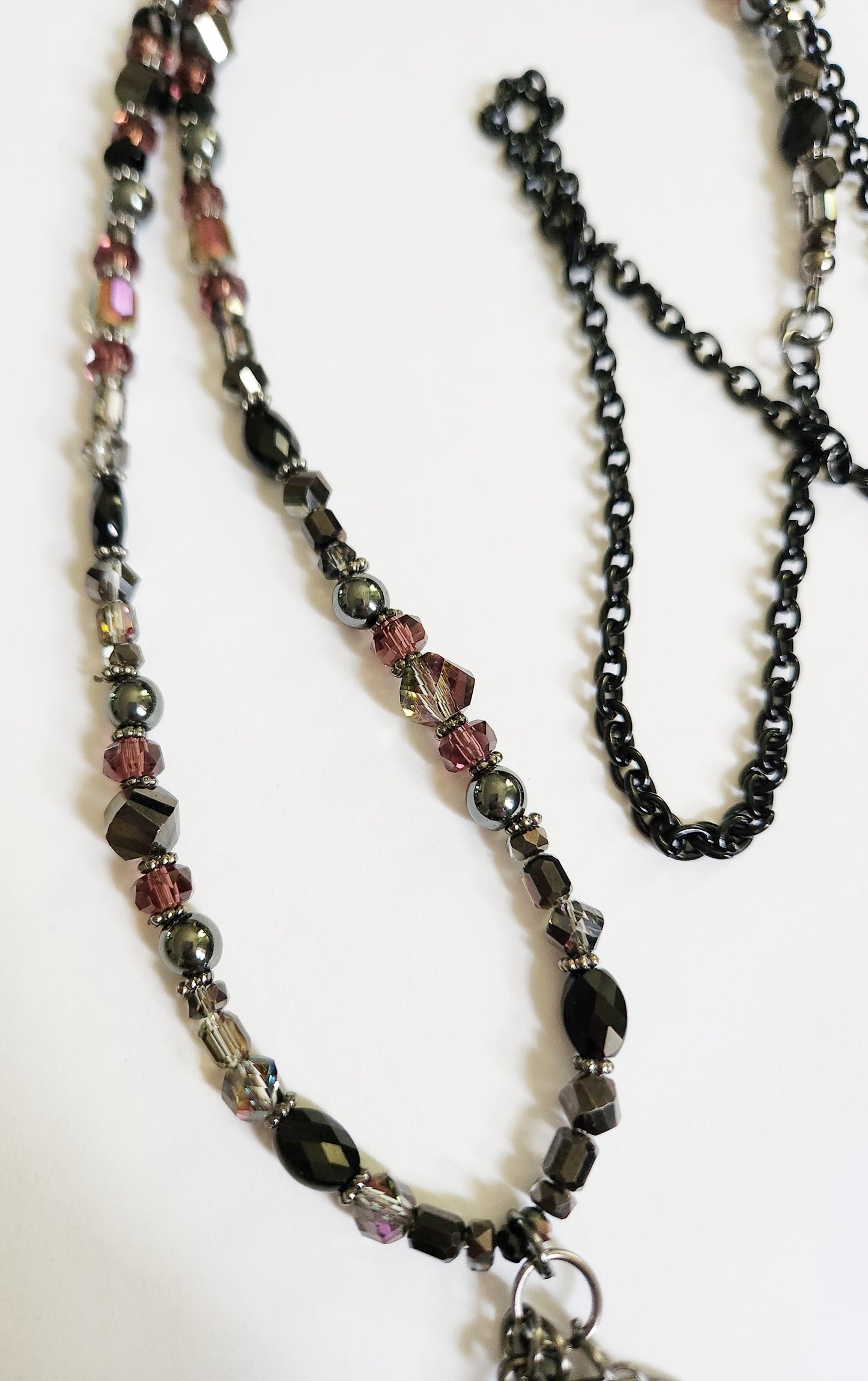 Dark metal leaf charm necklace with Hematite gemstones