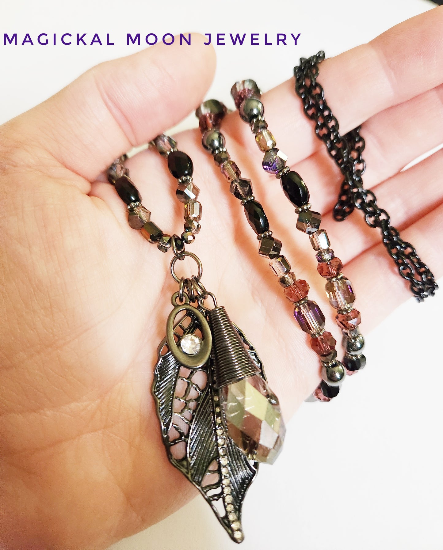 Dark metal leaf charm necklace with Hematite gemstones
