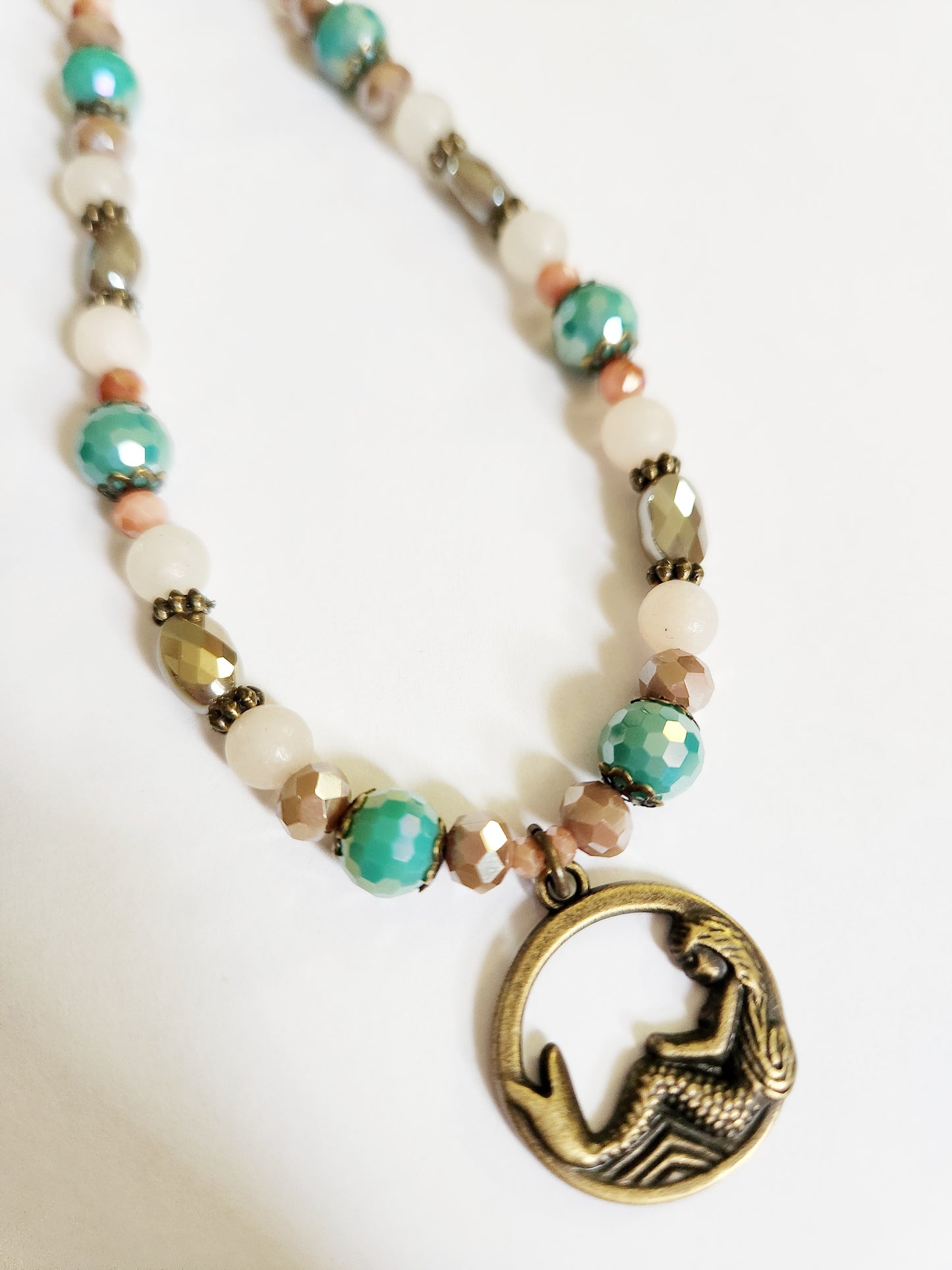 Dark gold mermaid pendant and Aventurine gemstone necklace