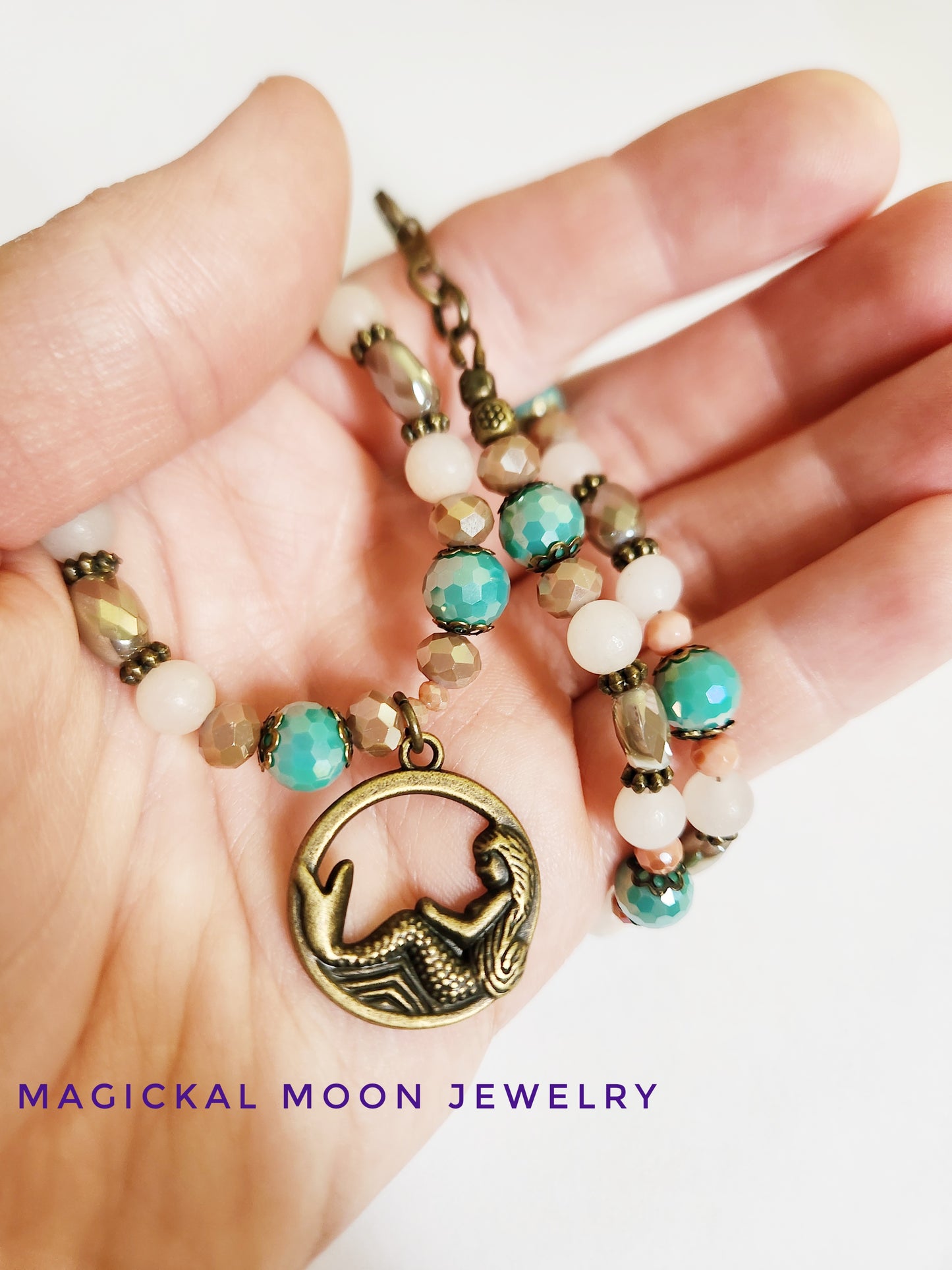 Dark gold mermaid pendant and Aventurine gemstone necklace
