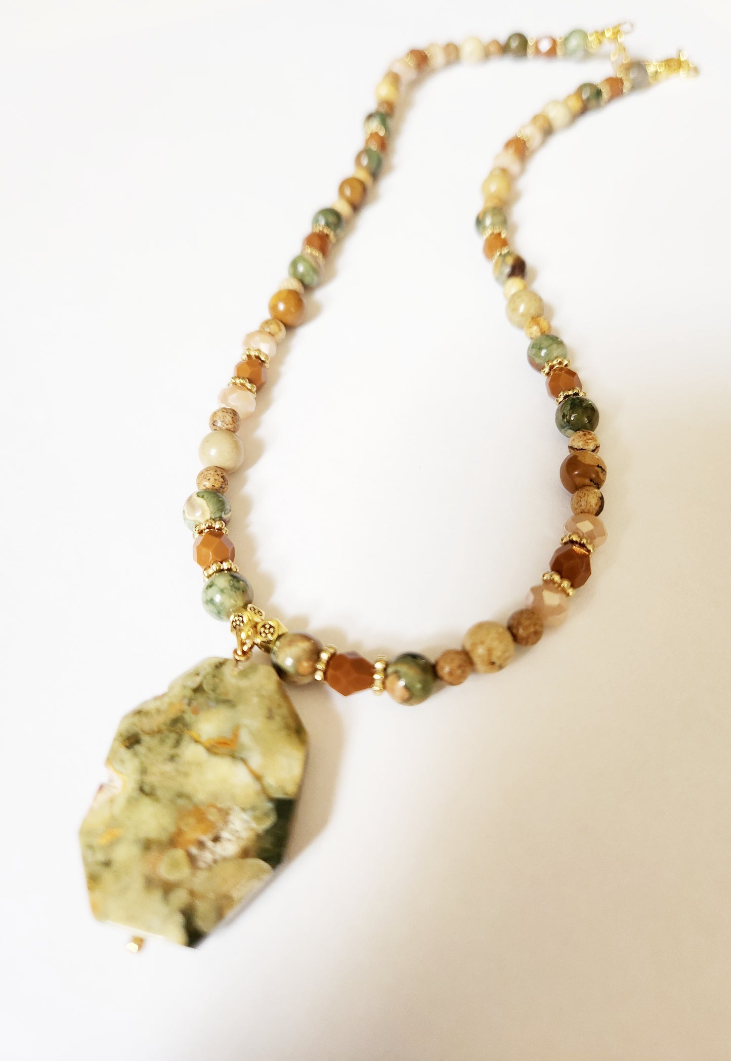 Rhyolite and Picture Jasper gemstone gold necklace