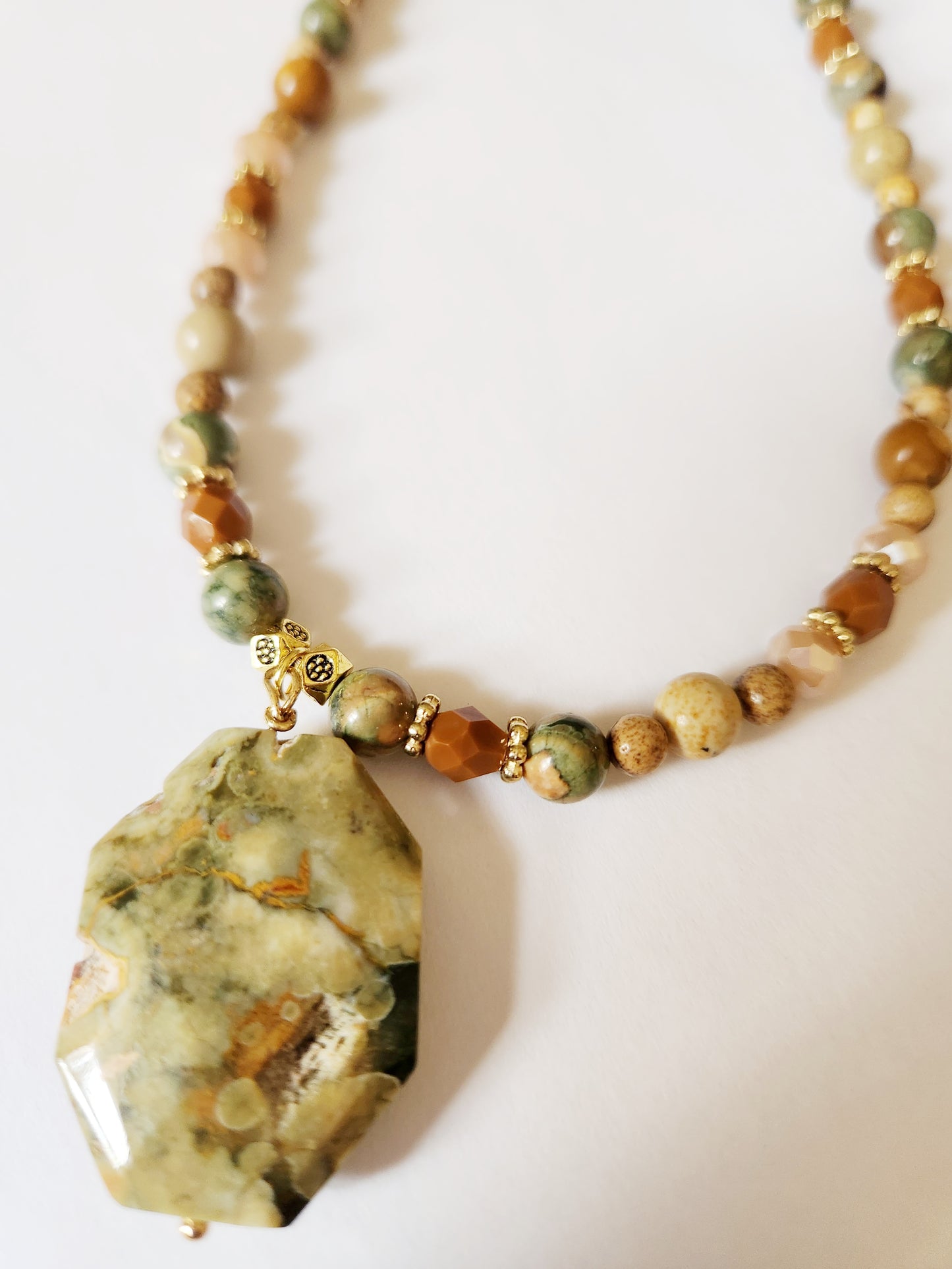 Rhyolite and Picture Jasper gemstone gold necklace