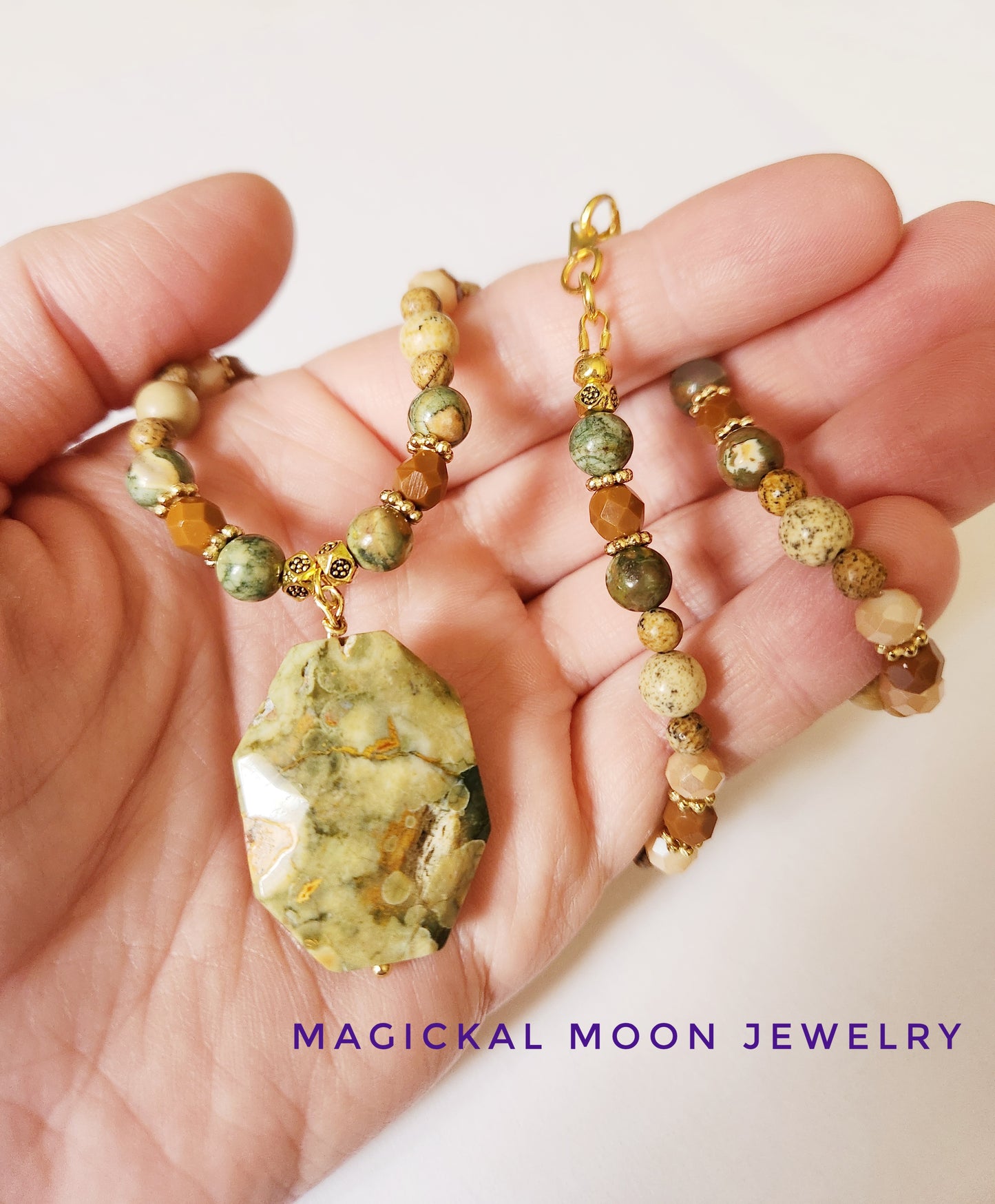 Rhyolite and Picture Jasper gemstone gold necklace