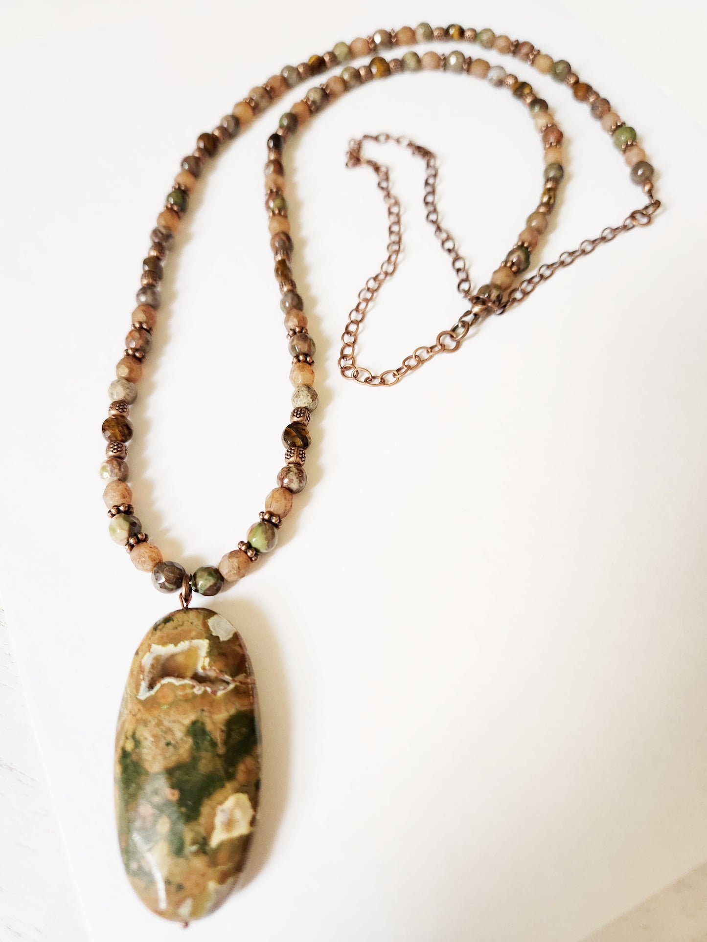 Rhyolite and Tigers Eye gemstone copper chain necklace