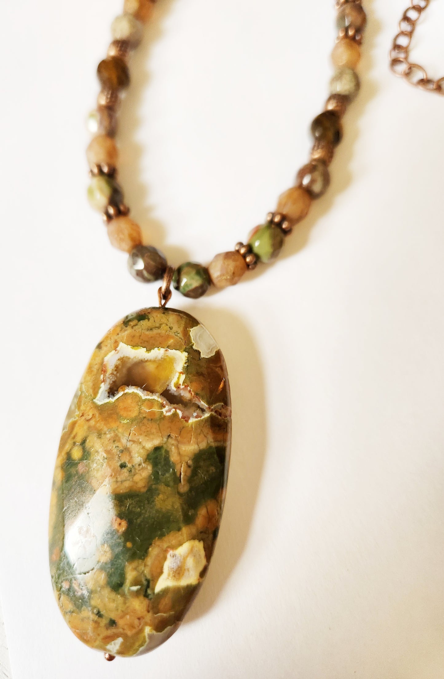 Rhyolite and Tigers Eye gemstone copper chain necklace