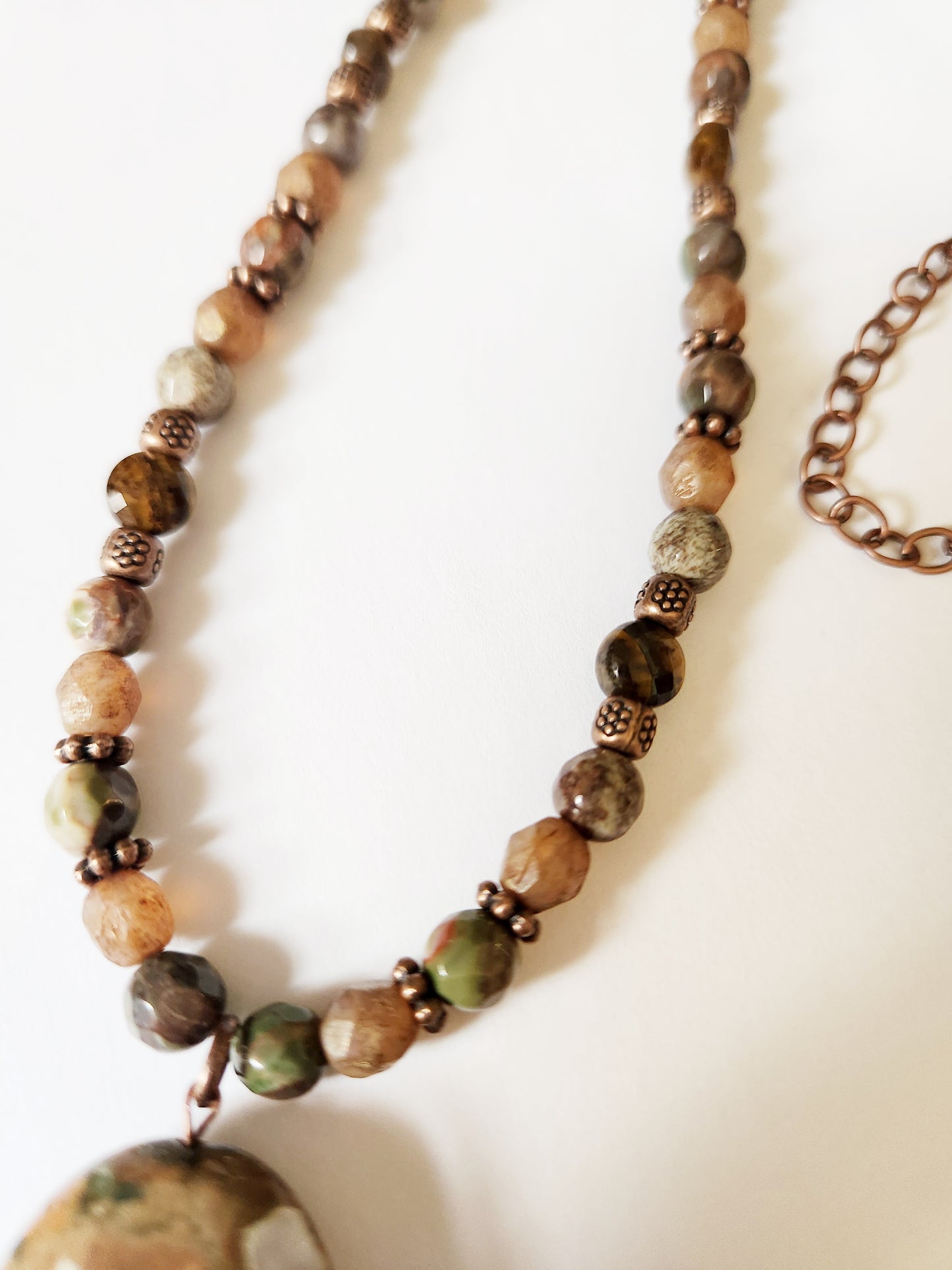Rhyolite and Tigers Eye gemstone copper chain necklace