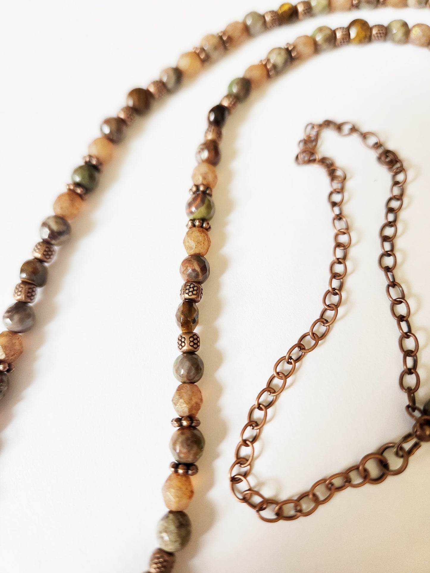 Rhyolite and Tigers Eye gemstone copper chain necklace