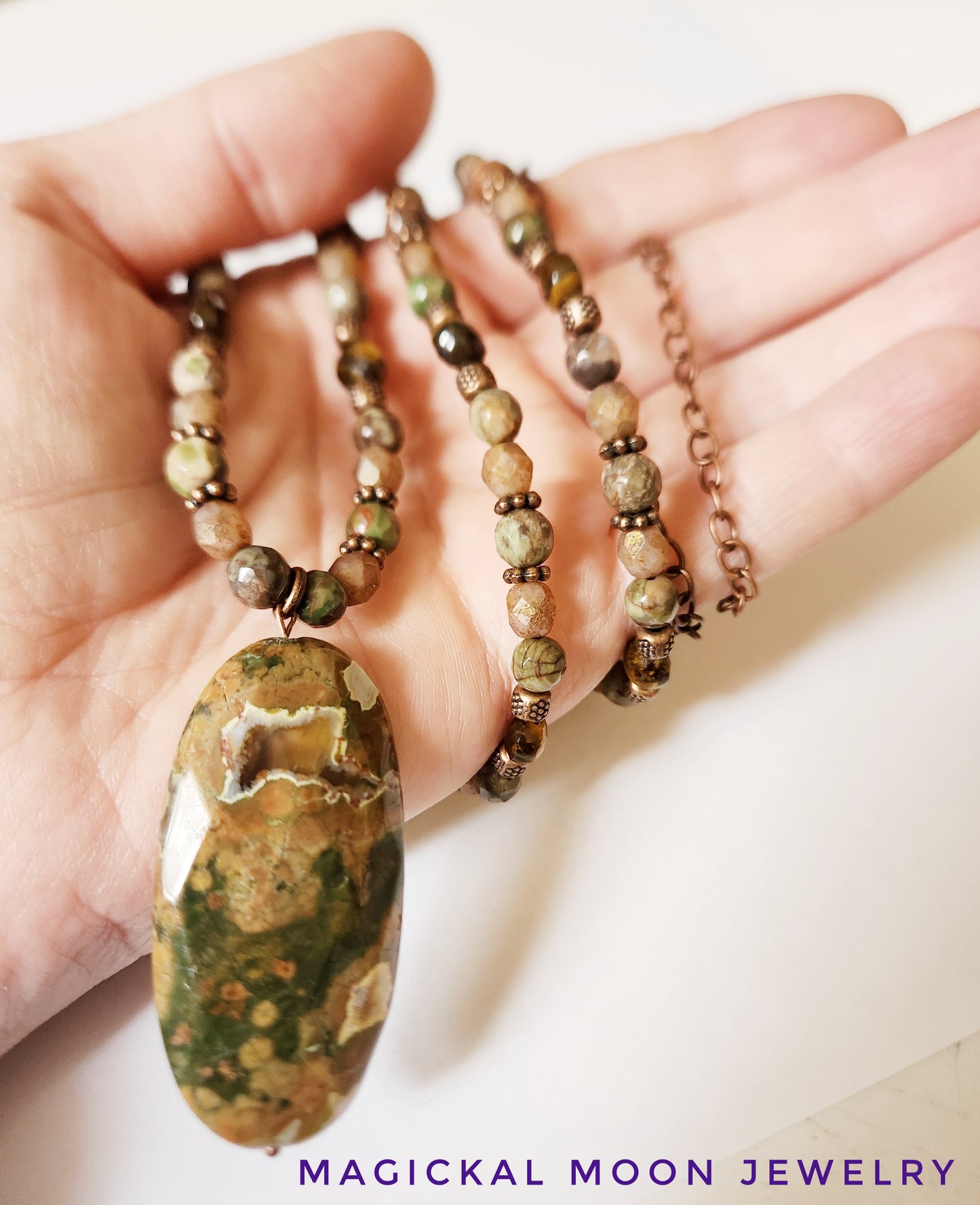 Rhyolite and Tigers Eye gemstone copper chain necklace