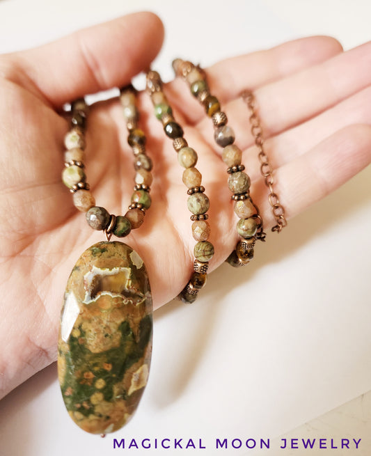 Rhyolite and Tigers Eye gemstone copper chain necklace