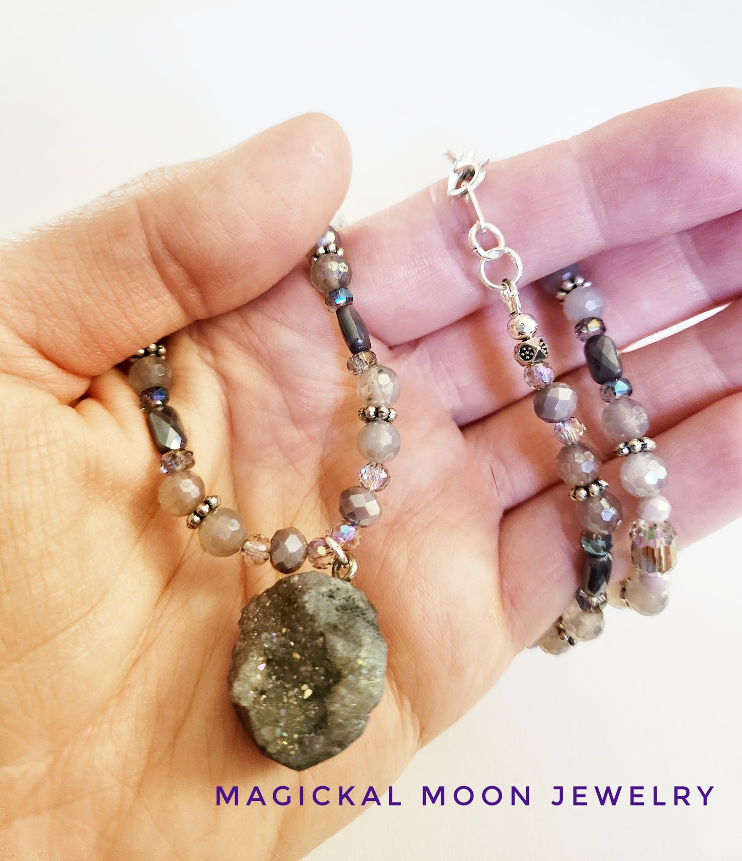 Grey Druzy Quartz gemstone necklace