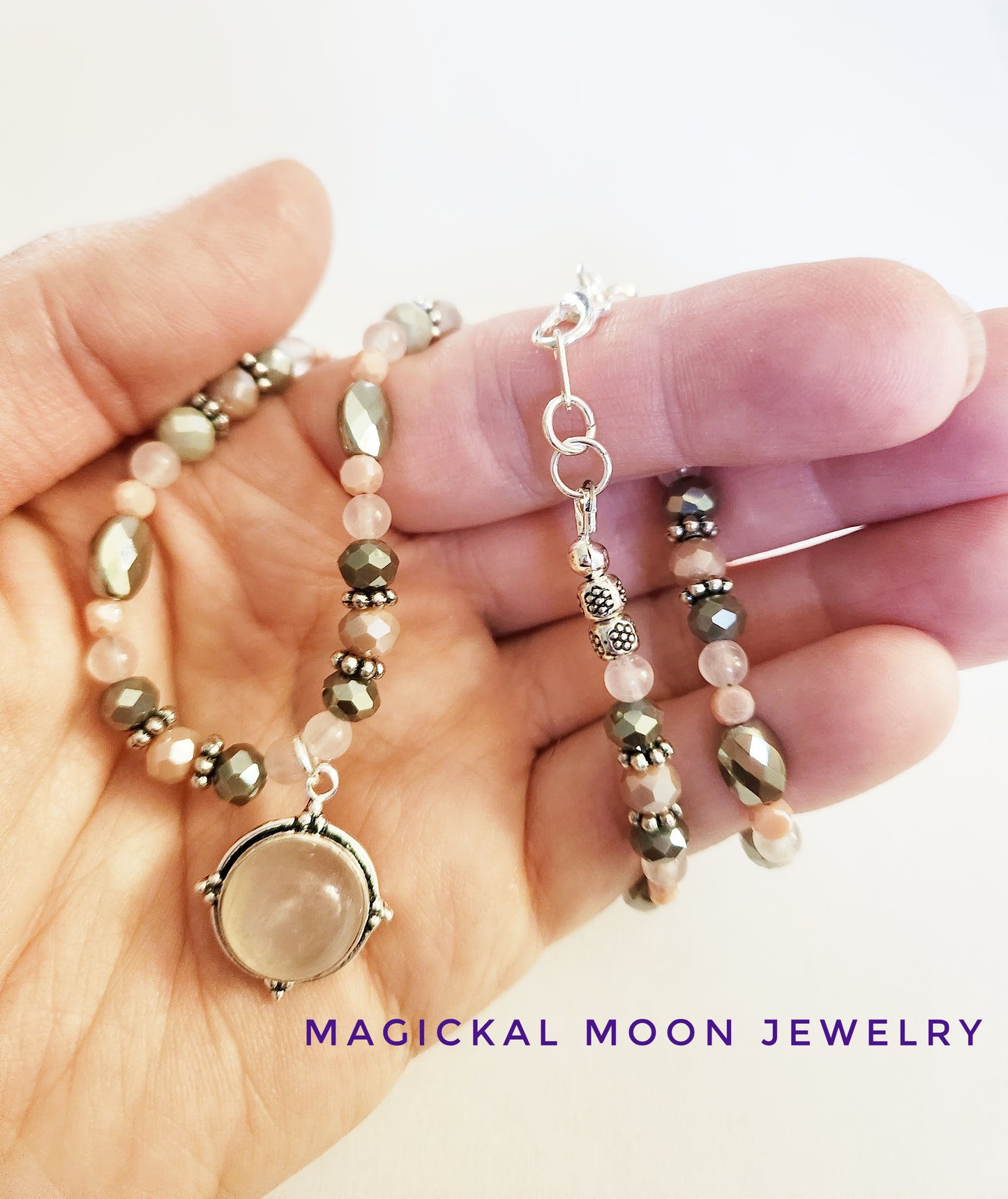 Rose Quartz gemstone circle pendant necklace