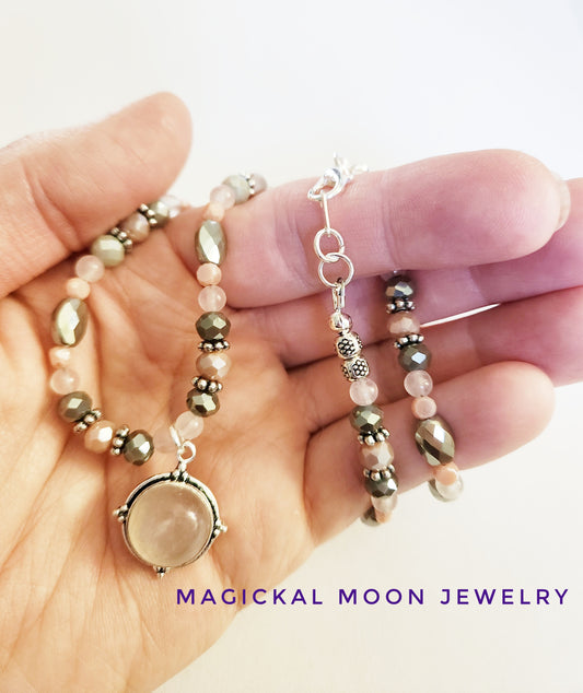 Rose Quartz gemstone circle pendant necklace
