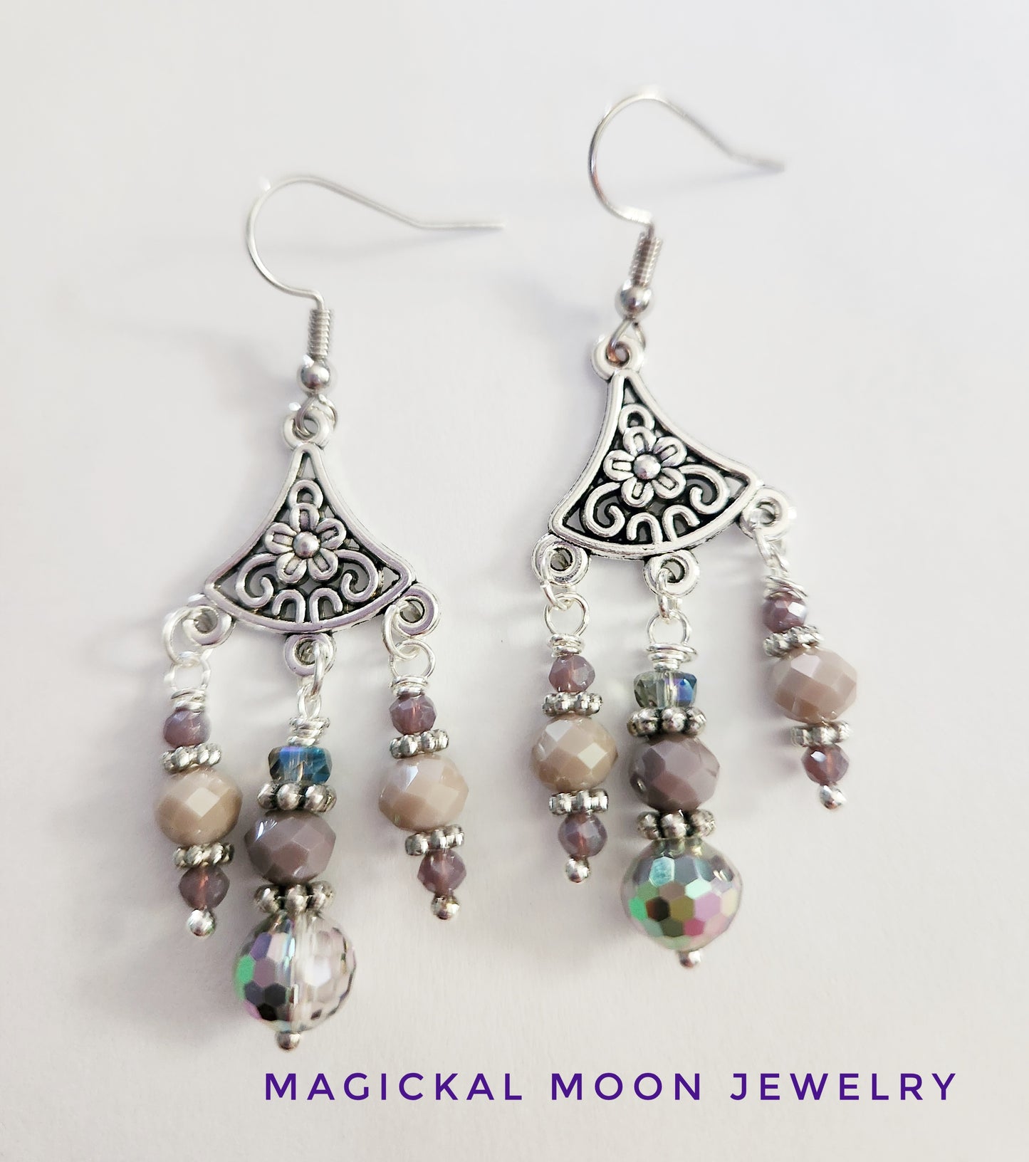 Silver chandelier purple beaded earrings