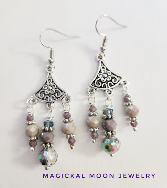 Silver chandelier purple beaded earrings