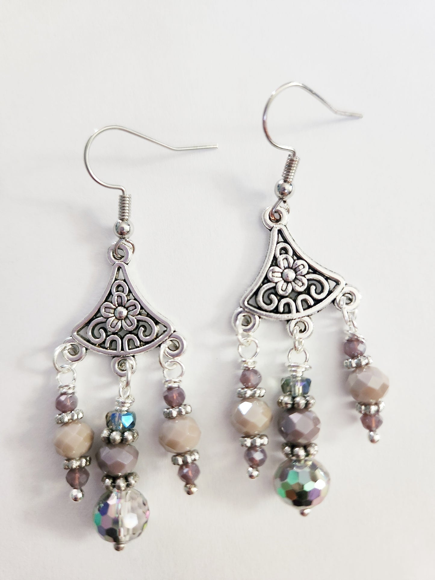 Silver chandelier purple beaded earrings