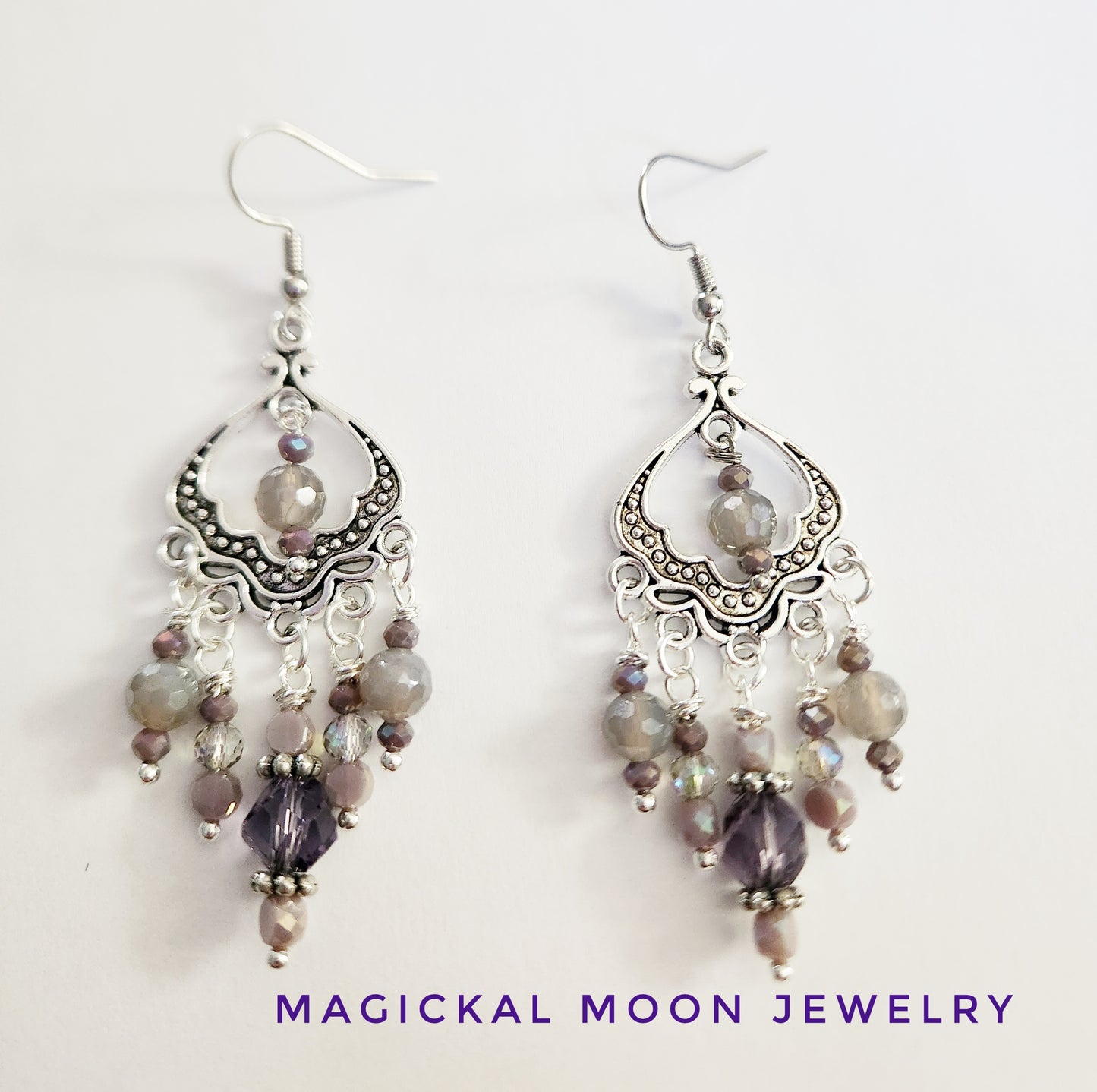 Silver filigree chandelier beaded purple earrings with Gray Agate gemstones