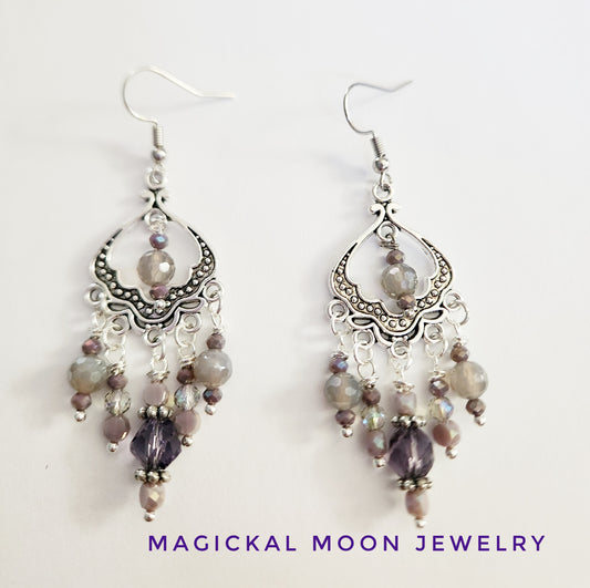Silver filigree chandelier beaded purple earrings with Gray Agate gemstones