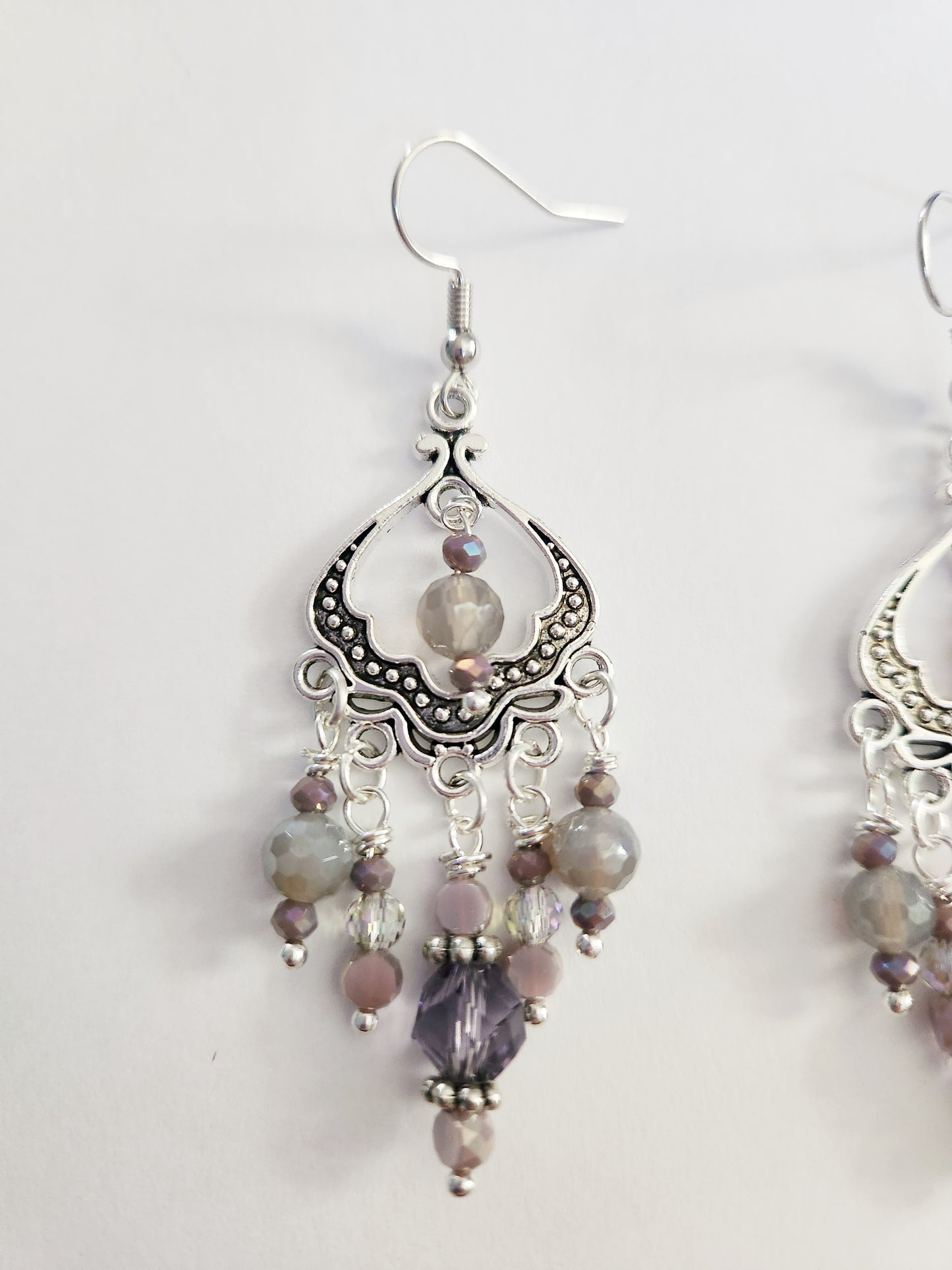 Silver filigree chandelier beaded purple earrings with Gray Agate gemstones
