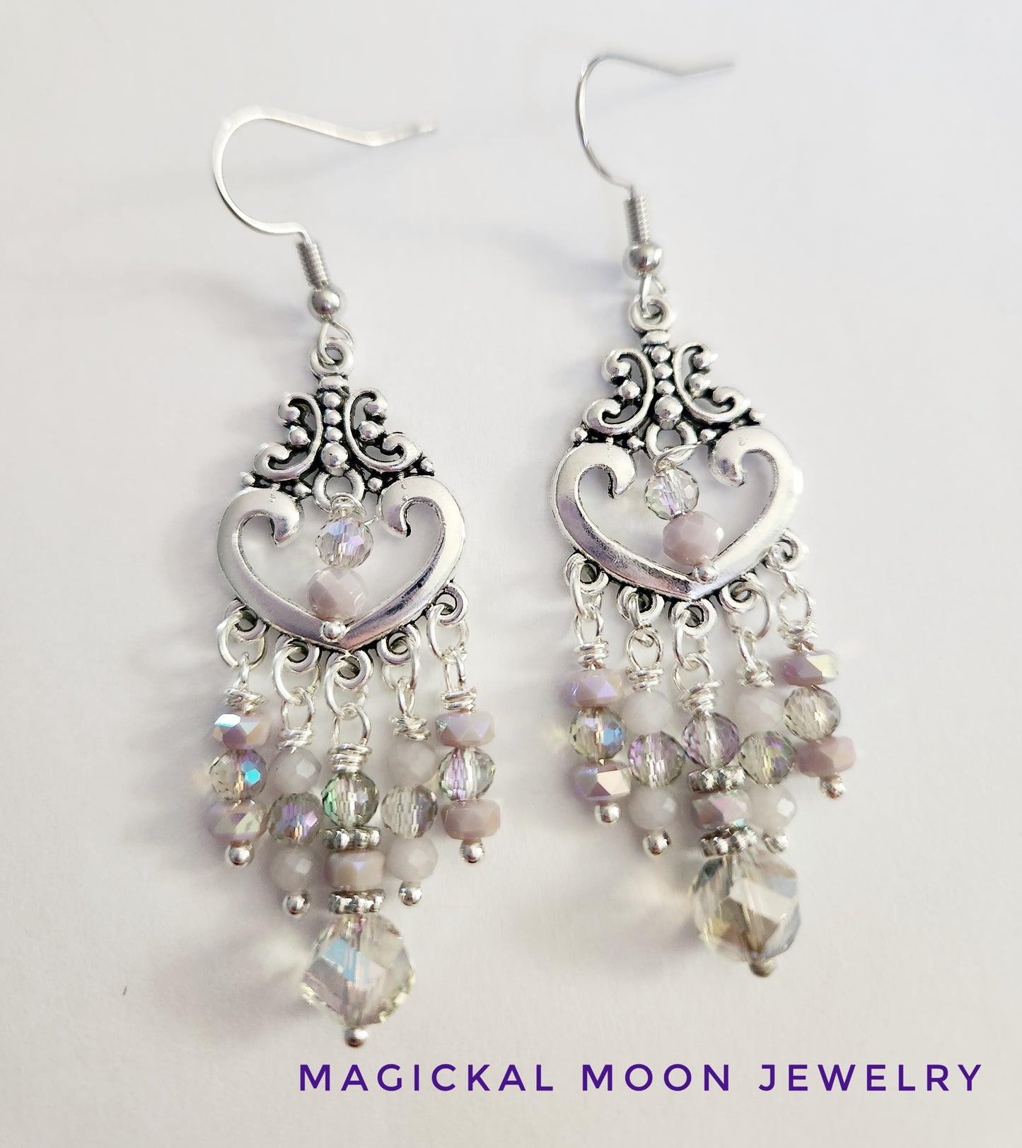 Silver heart chandelier purple beaded earrings
