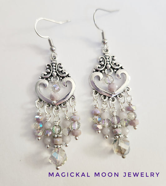 Silver heart chandelier purple beaded earrings