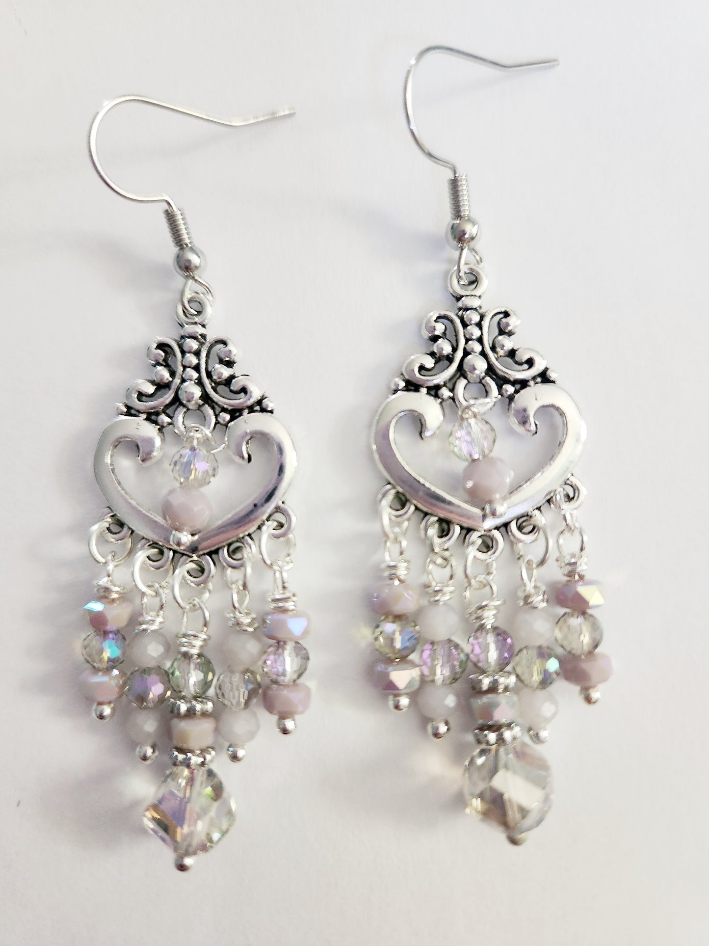 Silver heart chandelier purple beaded earrings