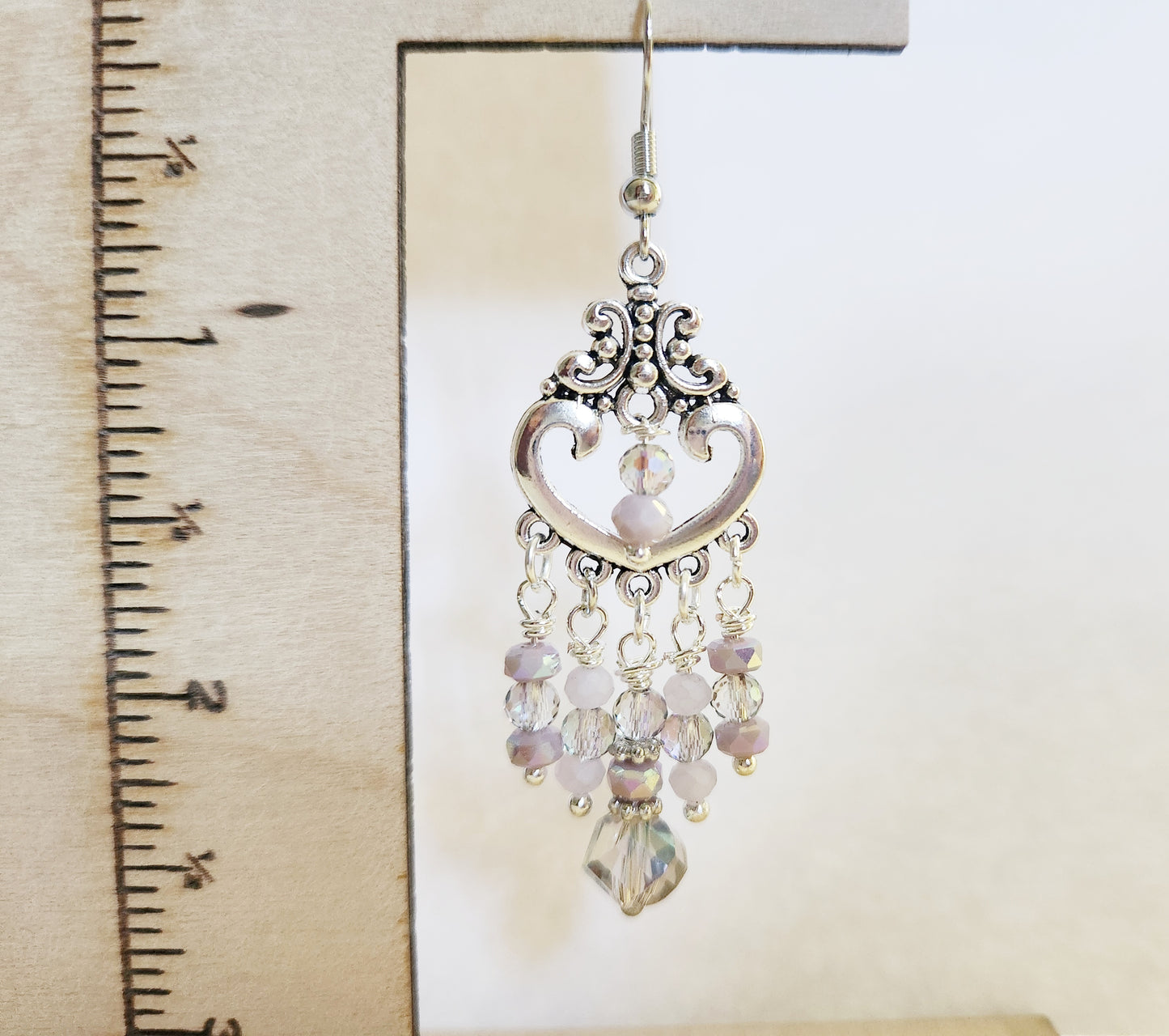 Silver heart chandelier purple beaded earrings