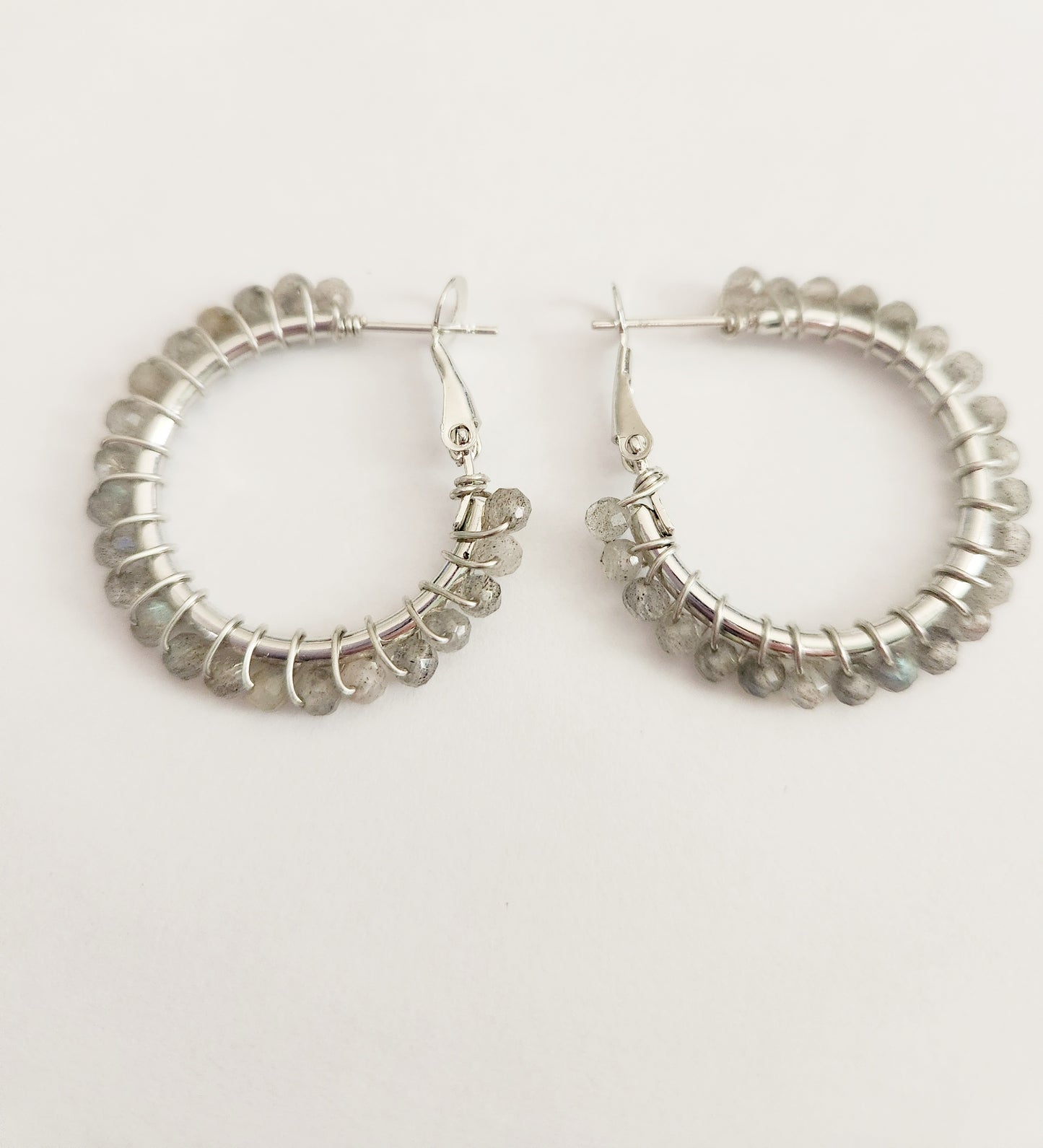 Labradorite gemstone beaded small silver hoop earrings 1 drop