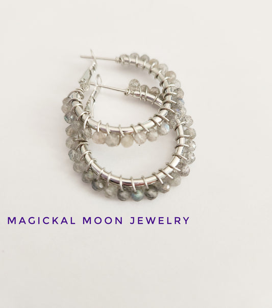 Labradorite gemstone beaded small silver hoop earrings 1 drop