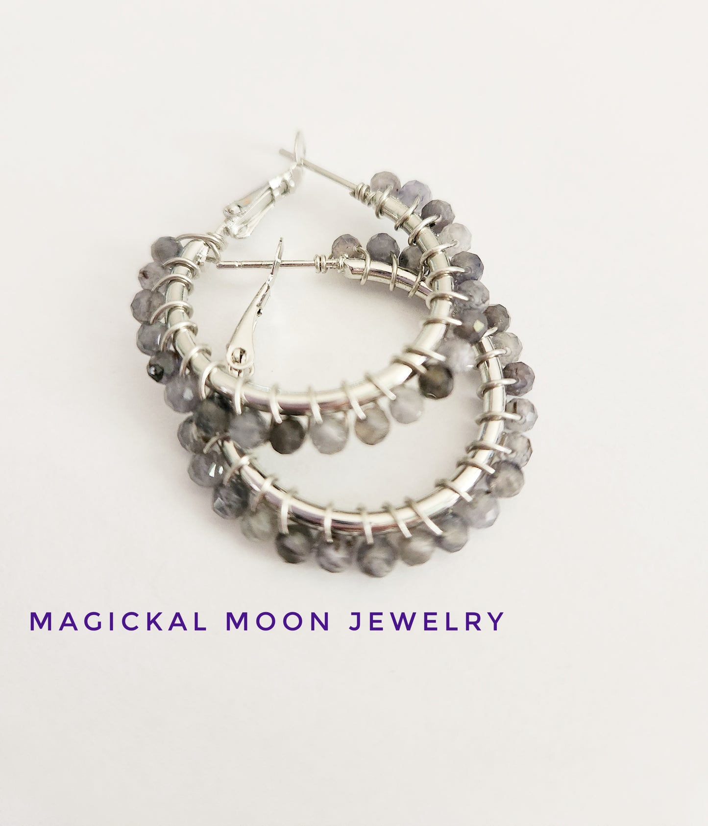 Iolite gemstone beaded small silver hoop earrings 1 drop