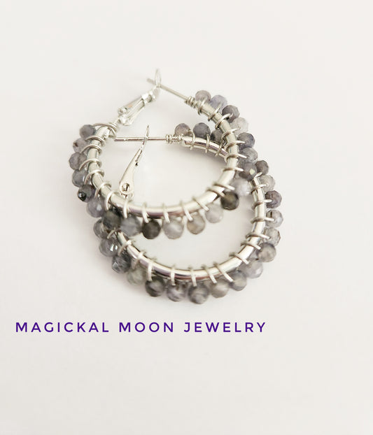 Iolite gemstone beaded small silver hoop earrings 1 drop