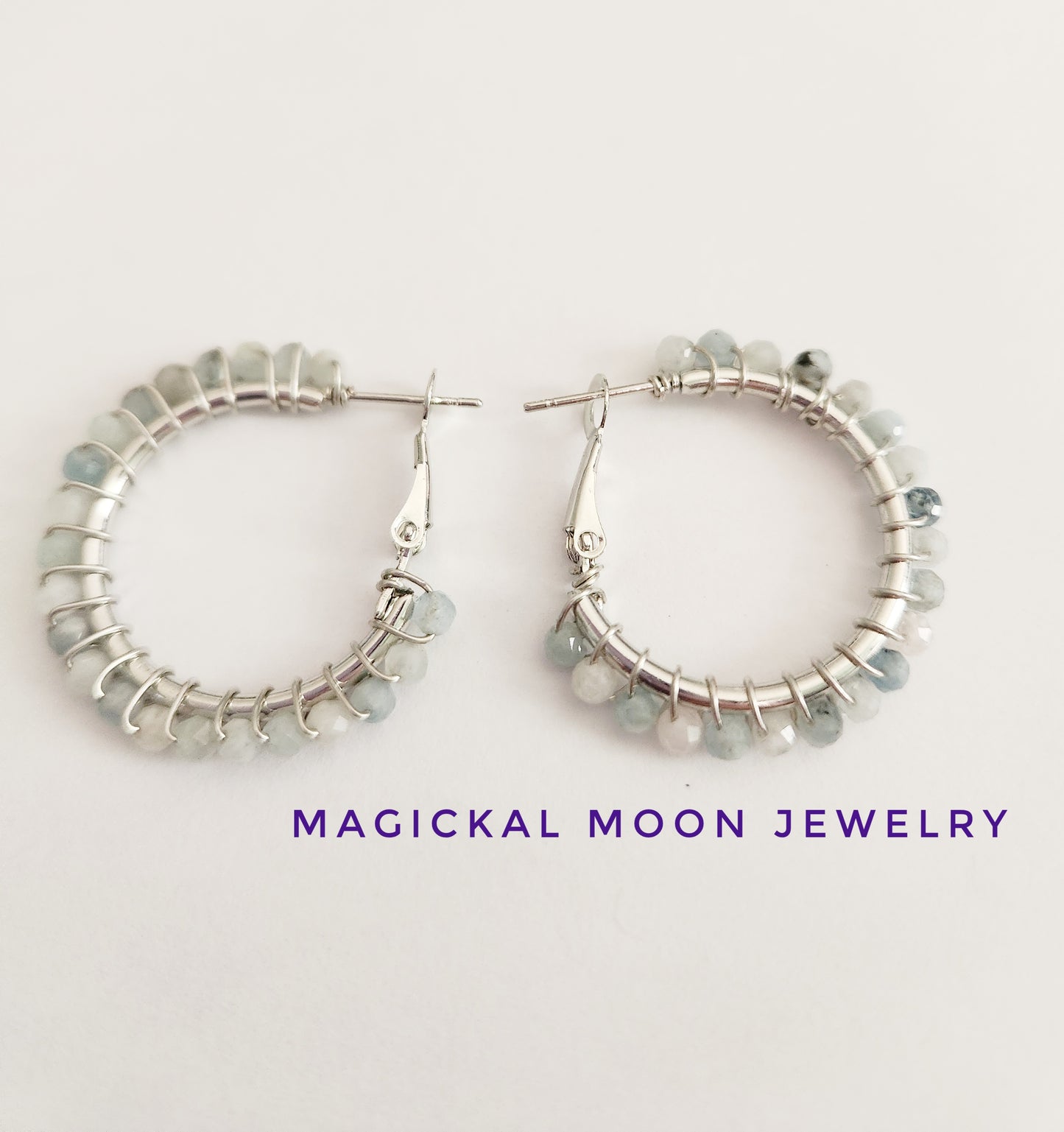 Aquamarine gemstone small silver hoop earrings 1 inch drop