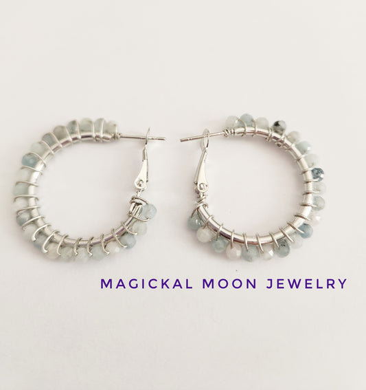 Aquamarine gemstone small silver hoop earrings 1 inch drop