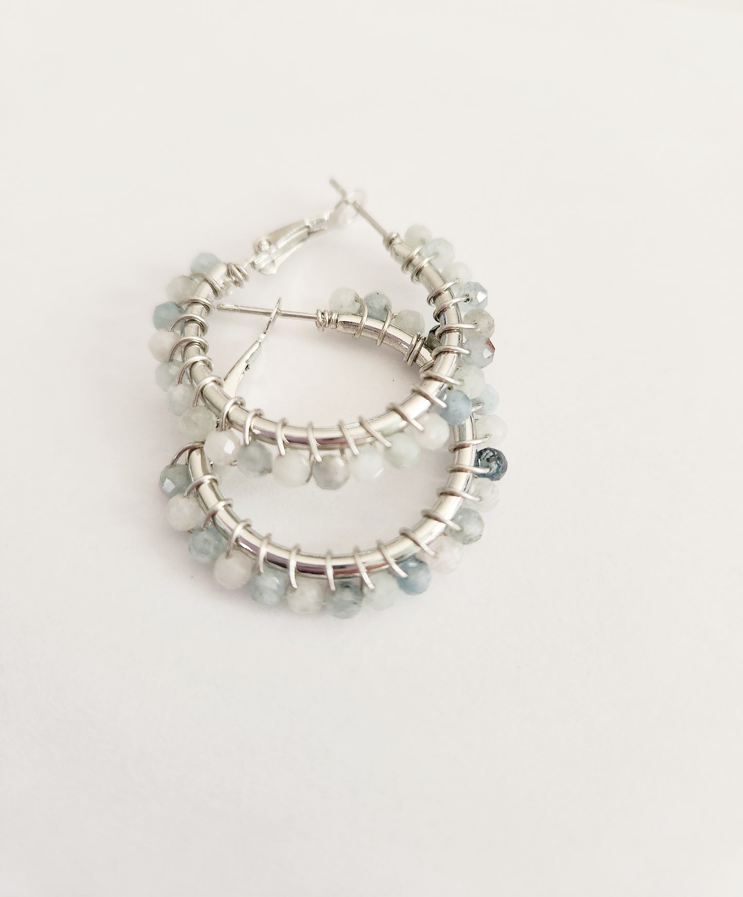Aquamarine gemstone small silver hoop earrings 1 inch drop
