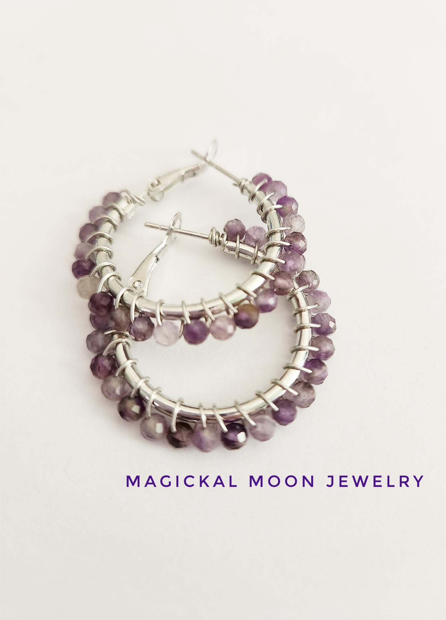 Amethyst gemstone small silver hoop earrings 1 inch drop